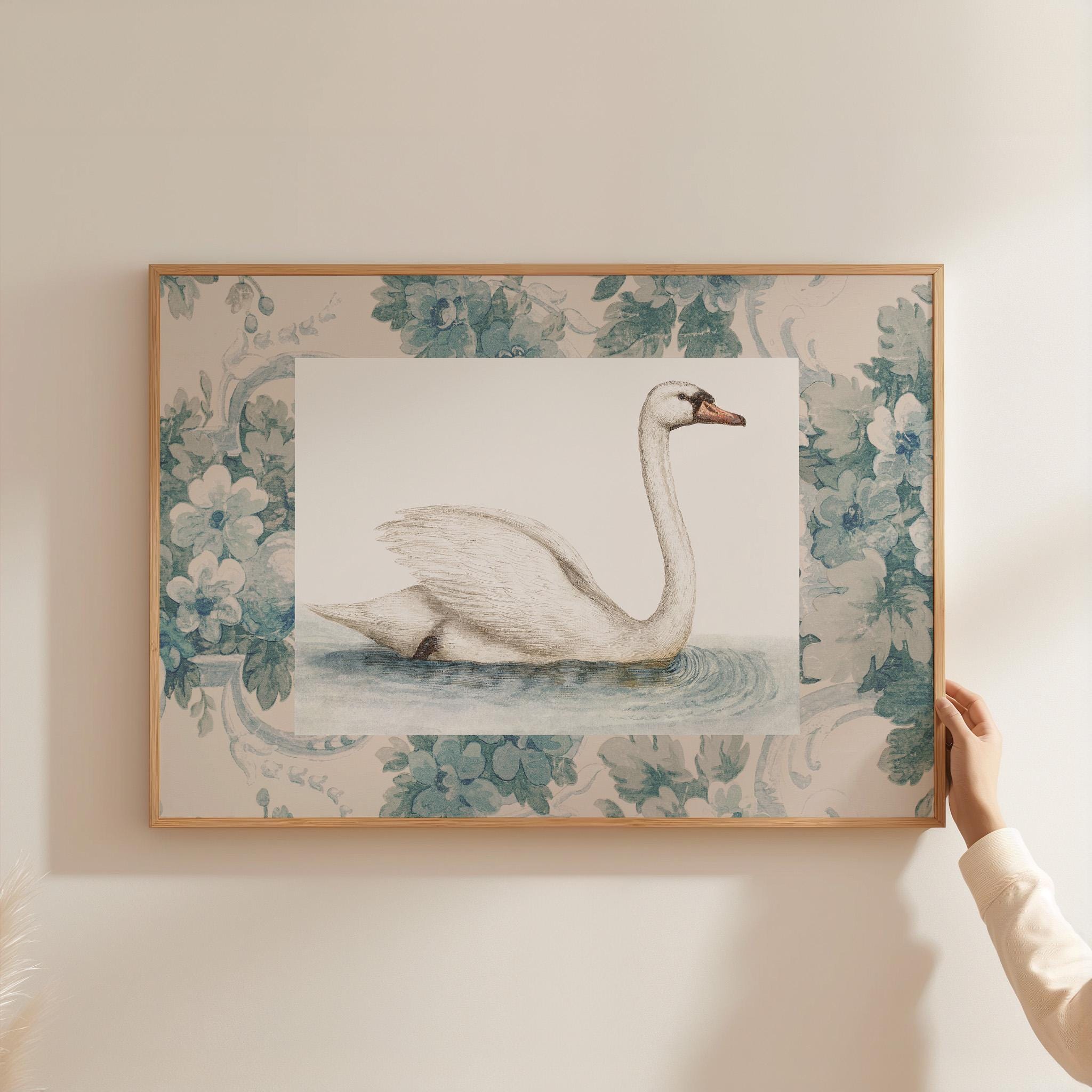 Blue Floral Swan Print, INSTANT Digital Downloadable Wall Art, Trendy Decor, Nautical illustration, Living Room Art, Cottage, Nursery