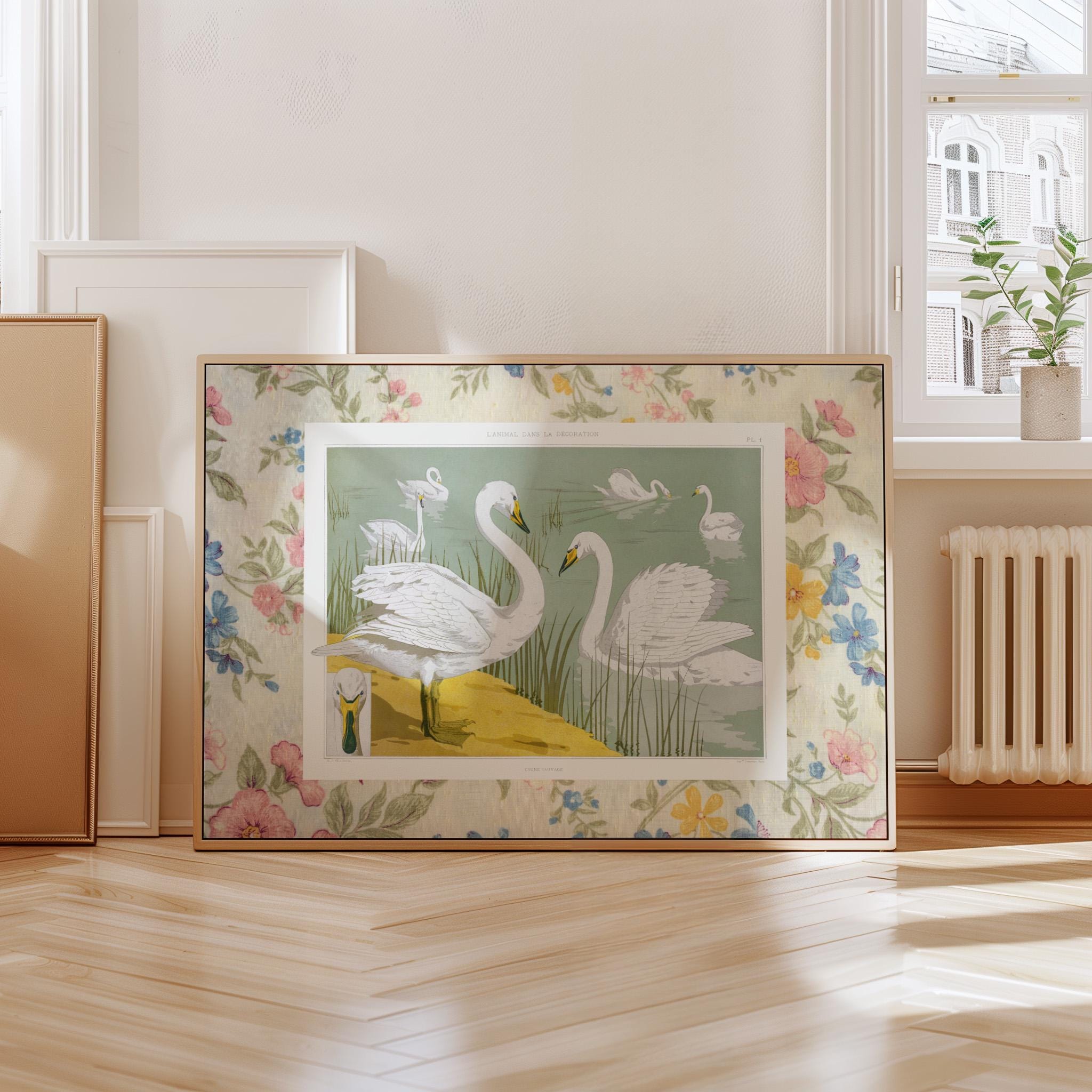 Pink Floral Swan Print, INSTANT Digital Downloadable Wall Art, Trendy Decor, Nautical illustration, Living Room Art, Cottage, Nursery