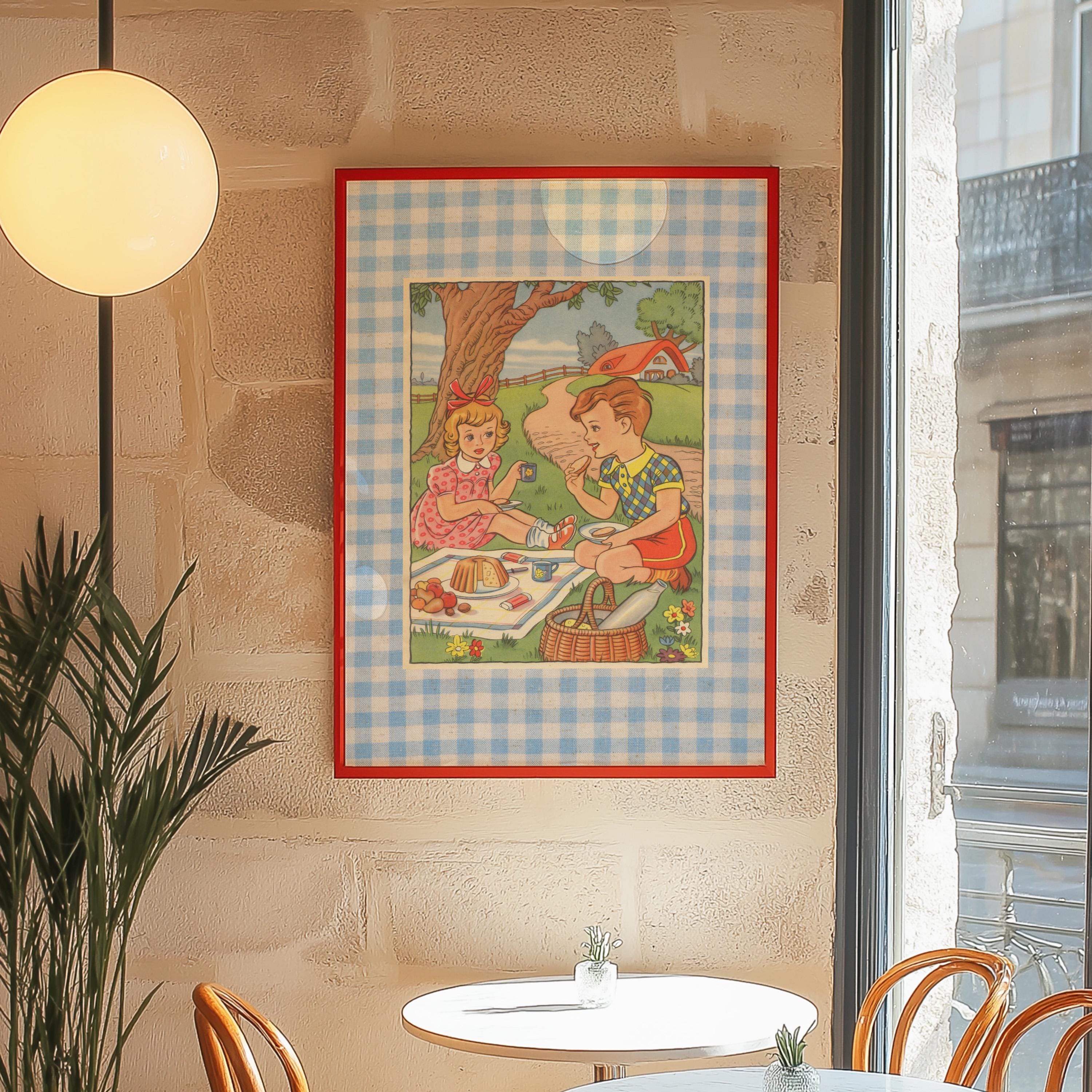 Picnic Art Print, Vintage art nursery kids room, Vintage illustration, french decor, kids room unique art, nursery decor, vibrant art print