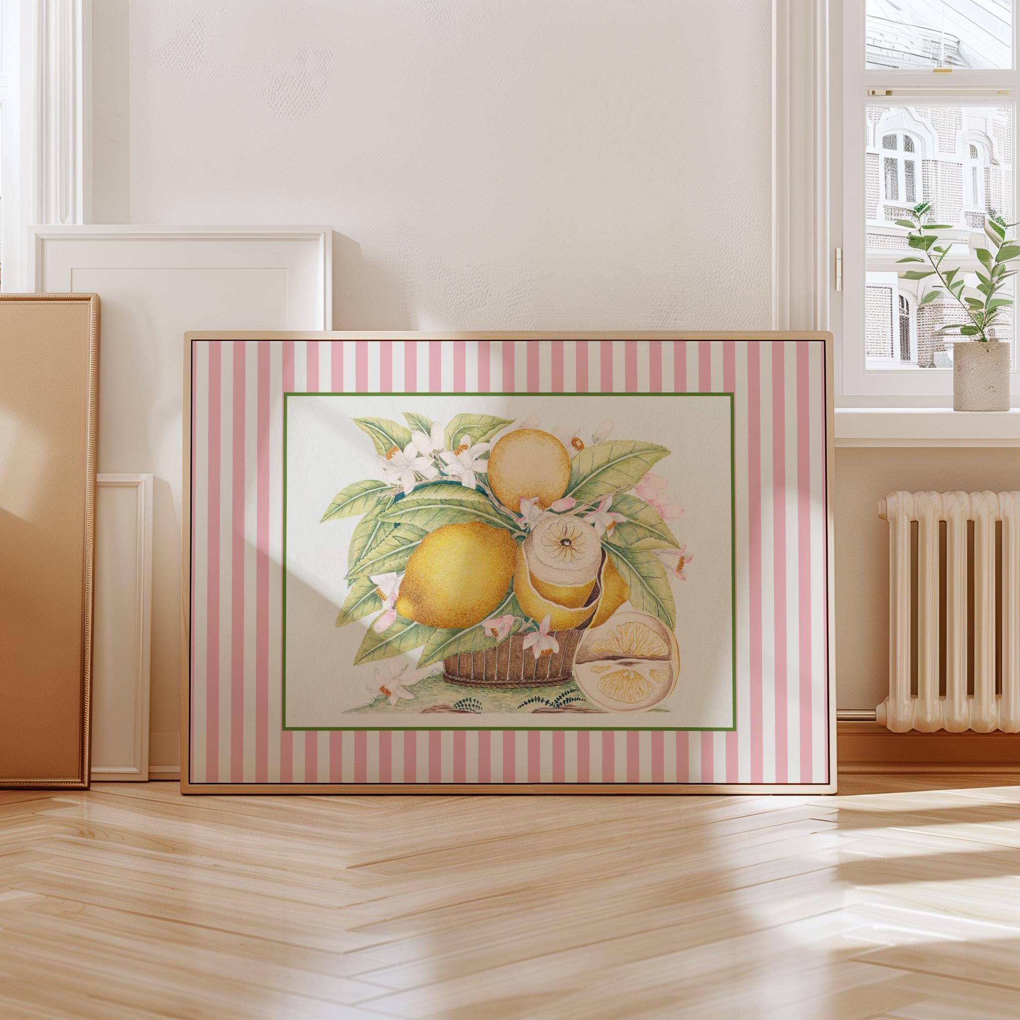 Pink Lemons Framed, Vertical, Art Print, Digital Print, Wall Art, Trendy Decor, Vintage Painting, English Garden, Floral, Cottage, Nursery