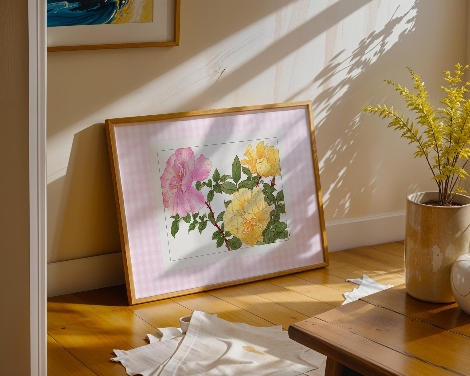 Pink Gingham Art, Digital Print, Wall Art, Trendy Decor, Abstract Vintage Painting, English Garden, Floral, Cottage, Vintage Aesthetic