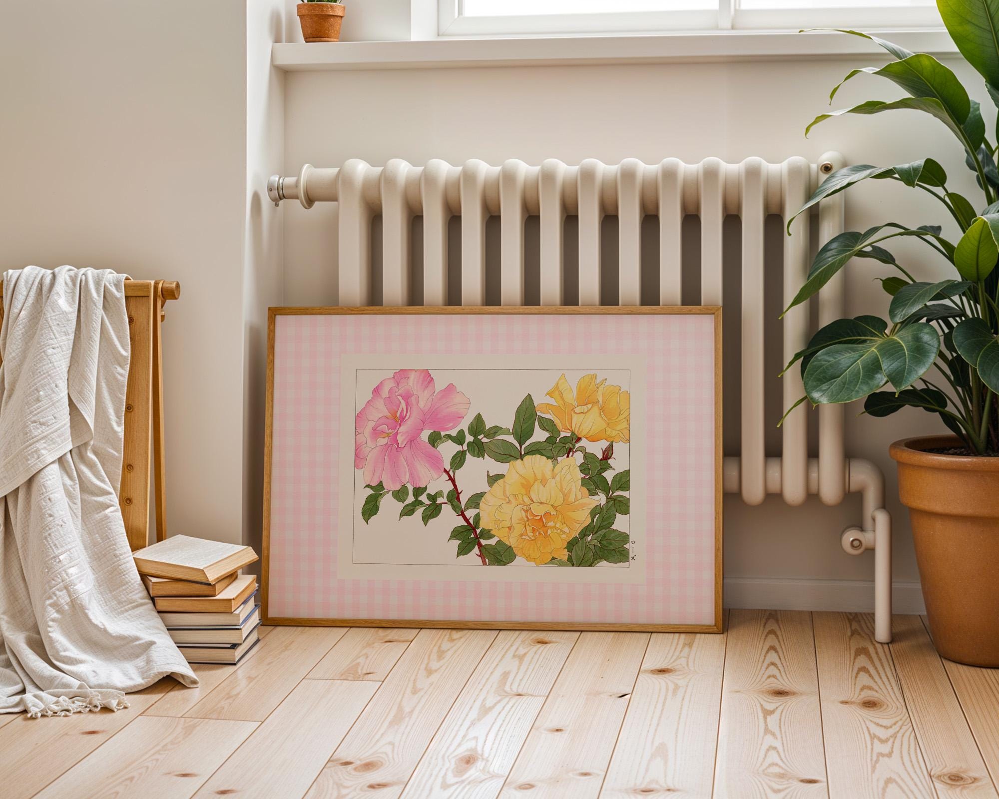 Pink Gingham Art, Digital Print, Wall Art, Trendy Decor, Abstract Vintage Painting, English Garden, Floral, Cottage, Vintage Aesthetic