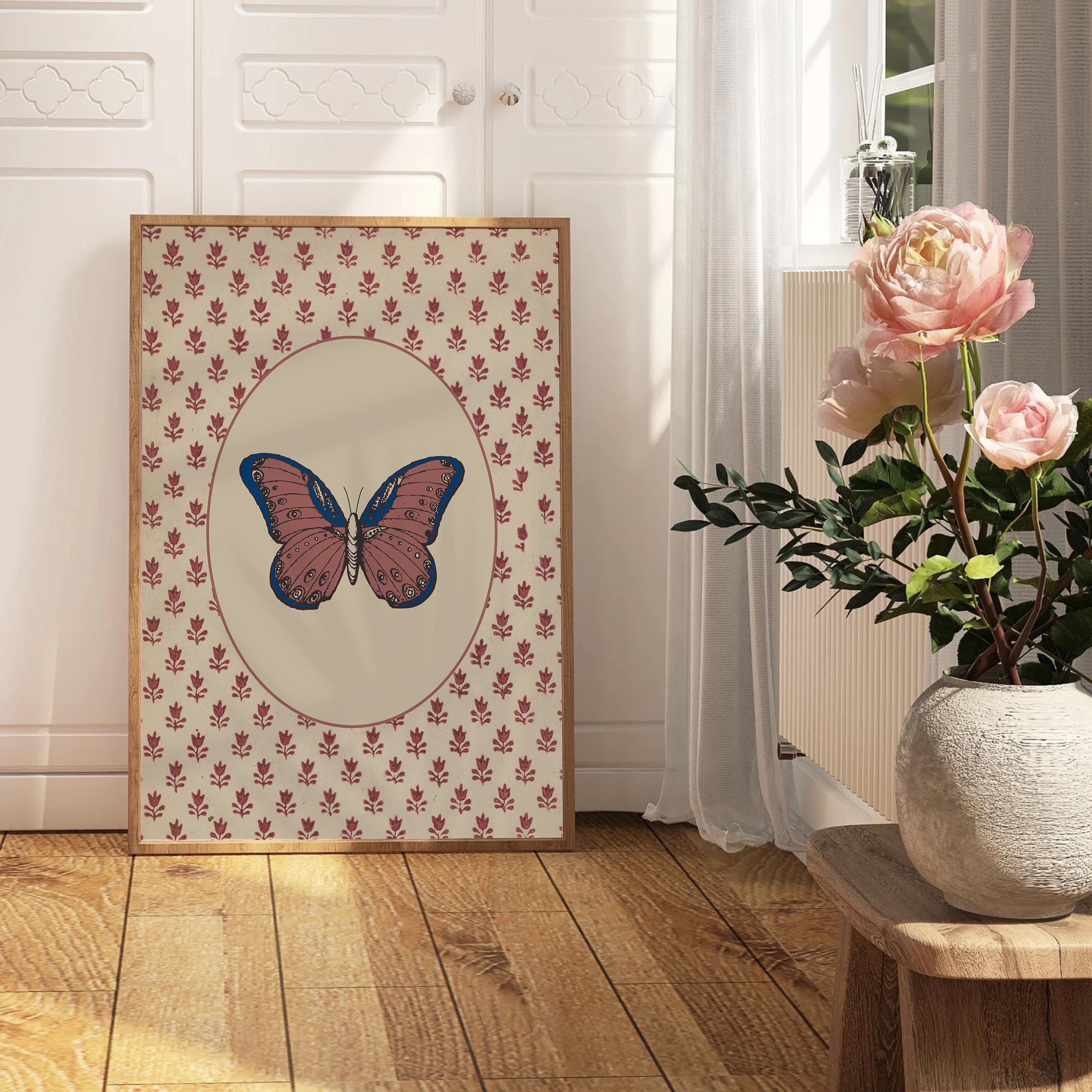 Fine Art Print, Gallery Wall Prints, Butterfly Art Print, Block Print Art Poster, Floral Vintage Decor, Neutral Vintage Art, Butterfly decor