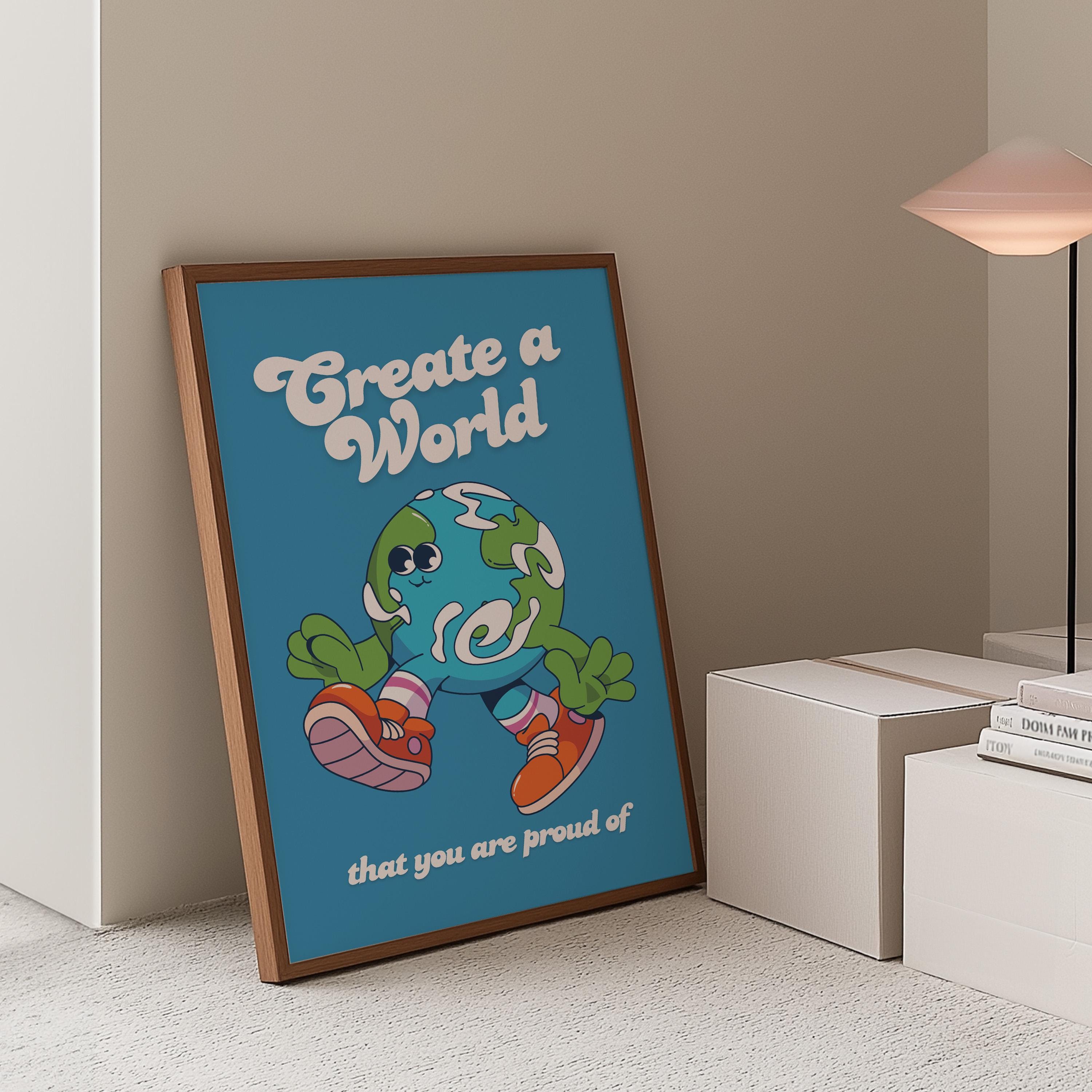 Classroom Art, Kids Room Art, Downloadable Print, Cartoon Art Print, Earth Cartoon Art, Trendy Posters, Vintage Mascot Art, Positive Art