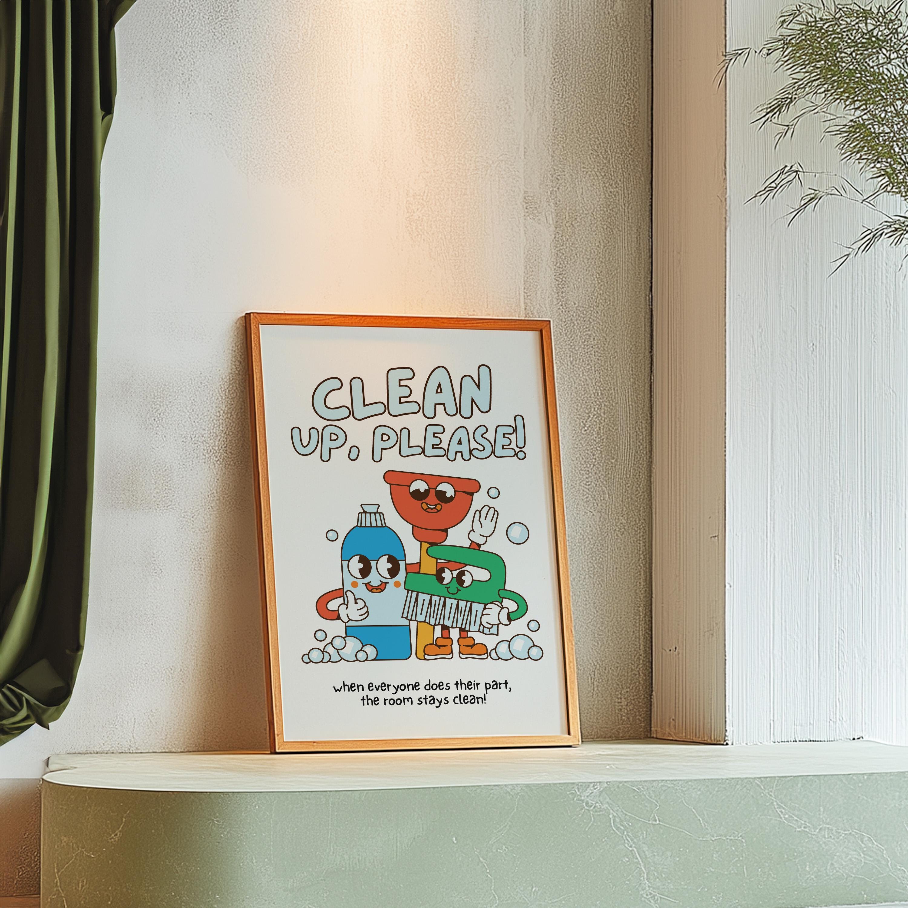 Classroom Art, Kids Room Art, Downloadable Print, Cartoon Art, Clean Up Print, Trendy Posters, Vintage Mascot Art, Cute Positive Poster