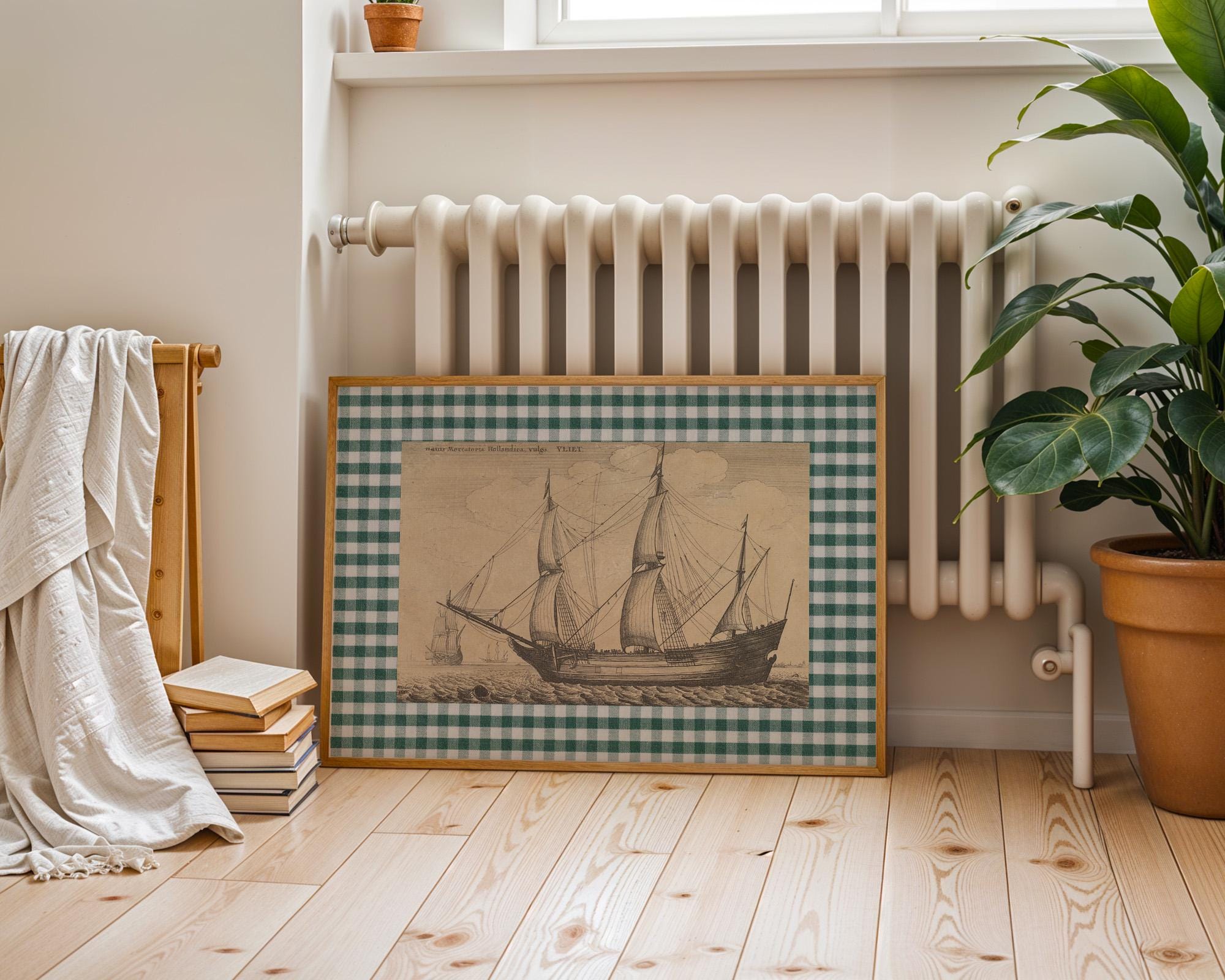 Ship Sketch Digital Download, Vintage Nautical Nursery Decor, Sailing Art Print, Antique Boat Drawing, Sea Wall Art for Kids Room, Gingham