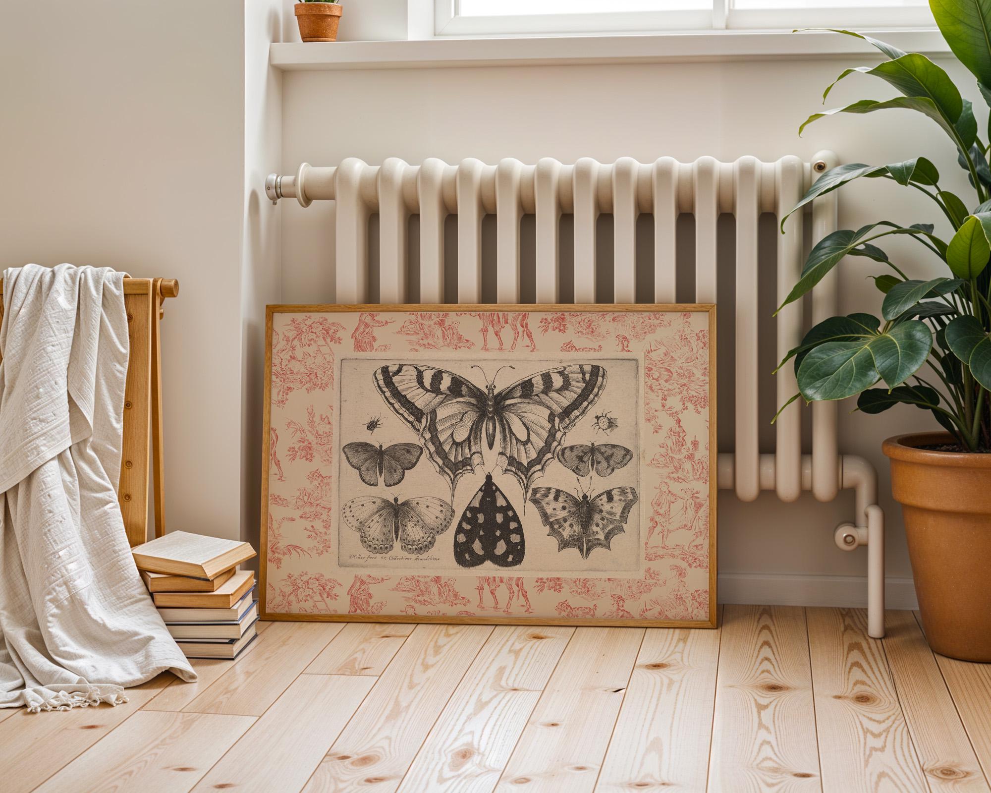 Vintage Pink Toile Butterfly Print, Digital Downloadable Wall Art, Trendy Decor, Botanical illustration, Living Room Art, Cottage, Nursery