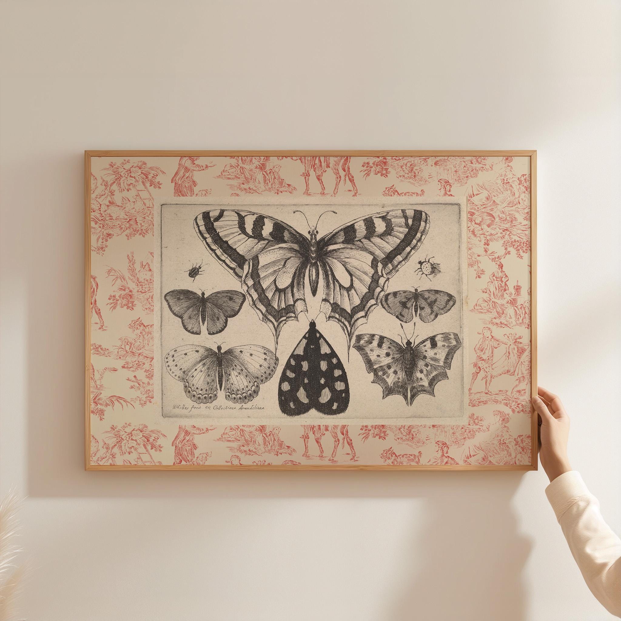Vintage Pink Toile Butterfly Print, Digital Downloadable Wall Art, Trendy Decor, Botanical illustration, Living Room Art, Cottage, Nursery