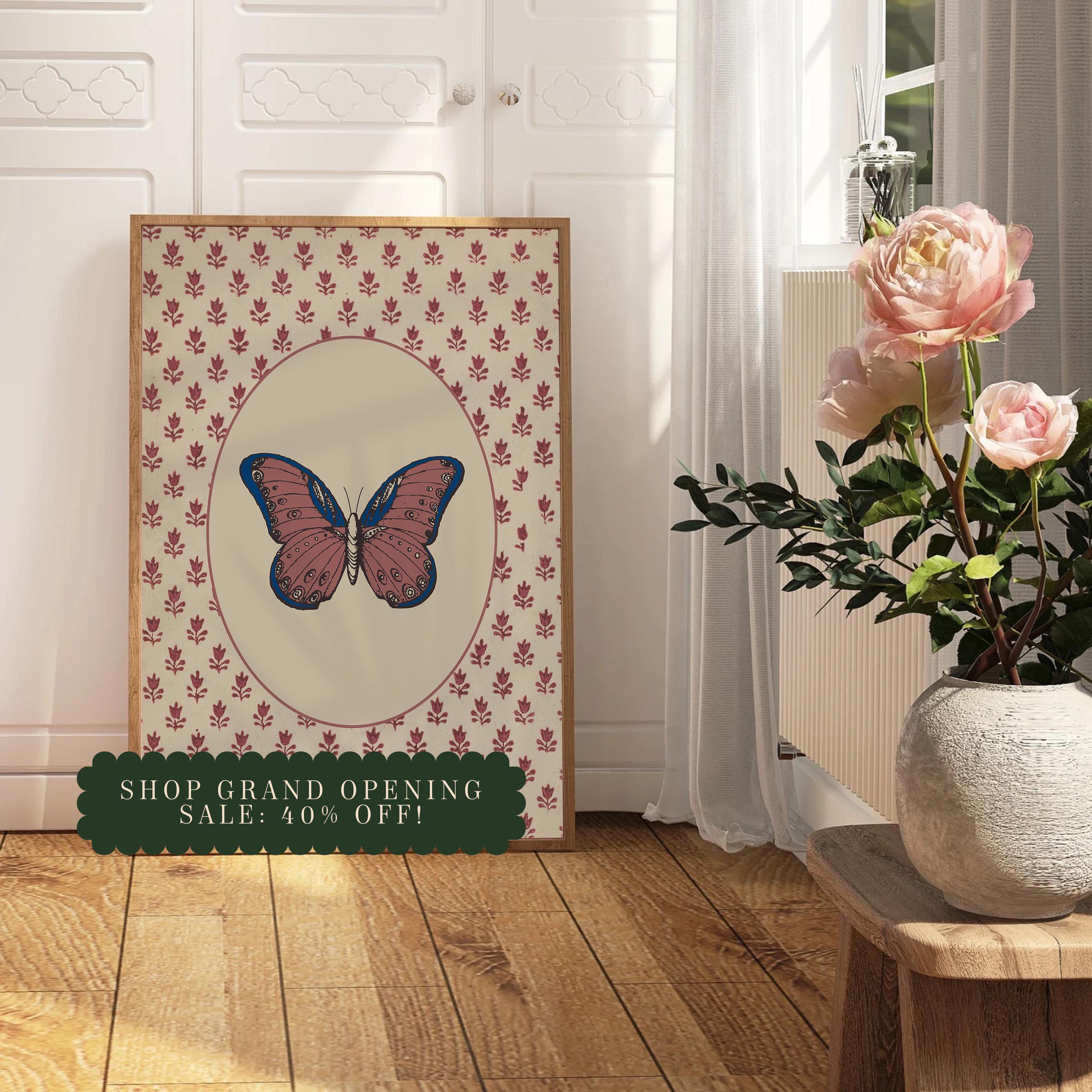 Fine Art Print, Gallery Wall Prints, Butterfly Art Print, Block Print Art Poster, Floral Vintage Decor, Neutral Vintage Art, Butterfly decor