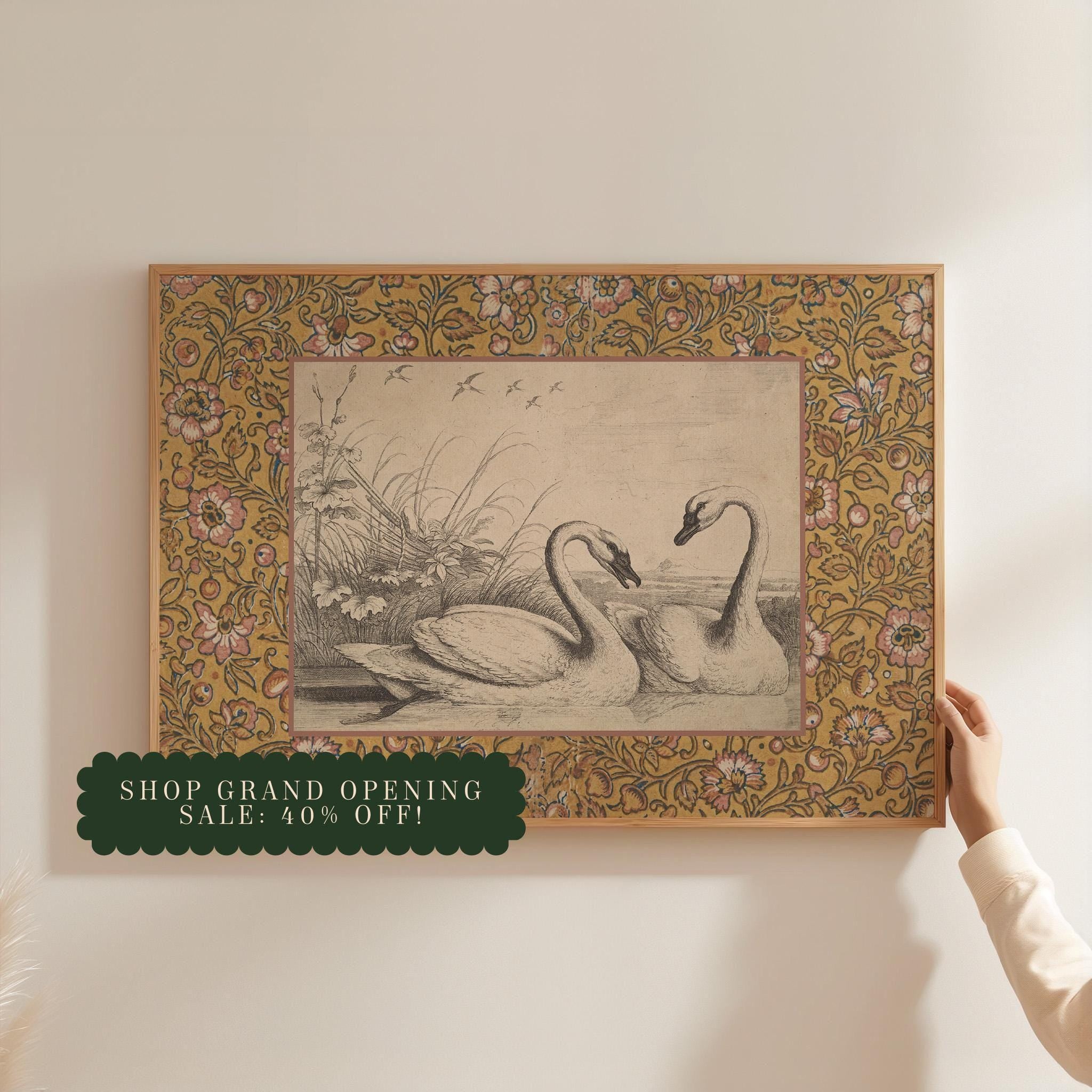 Vintage Yellow Toile Swans Print, Digital Downloadable Wall Art, Trendy Decor, Botanical illustration, Living Room Art, Cottage, Nursery