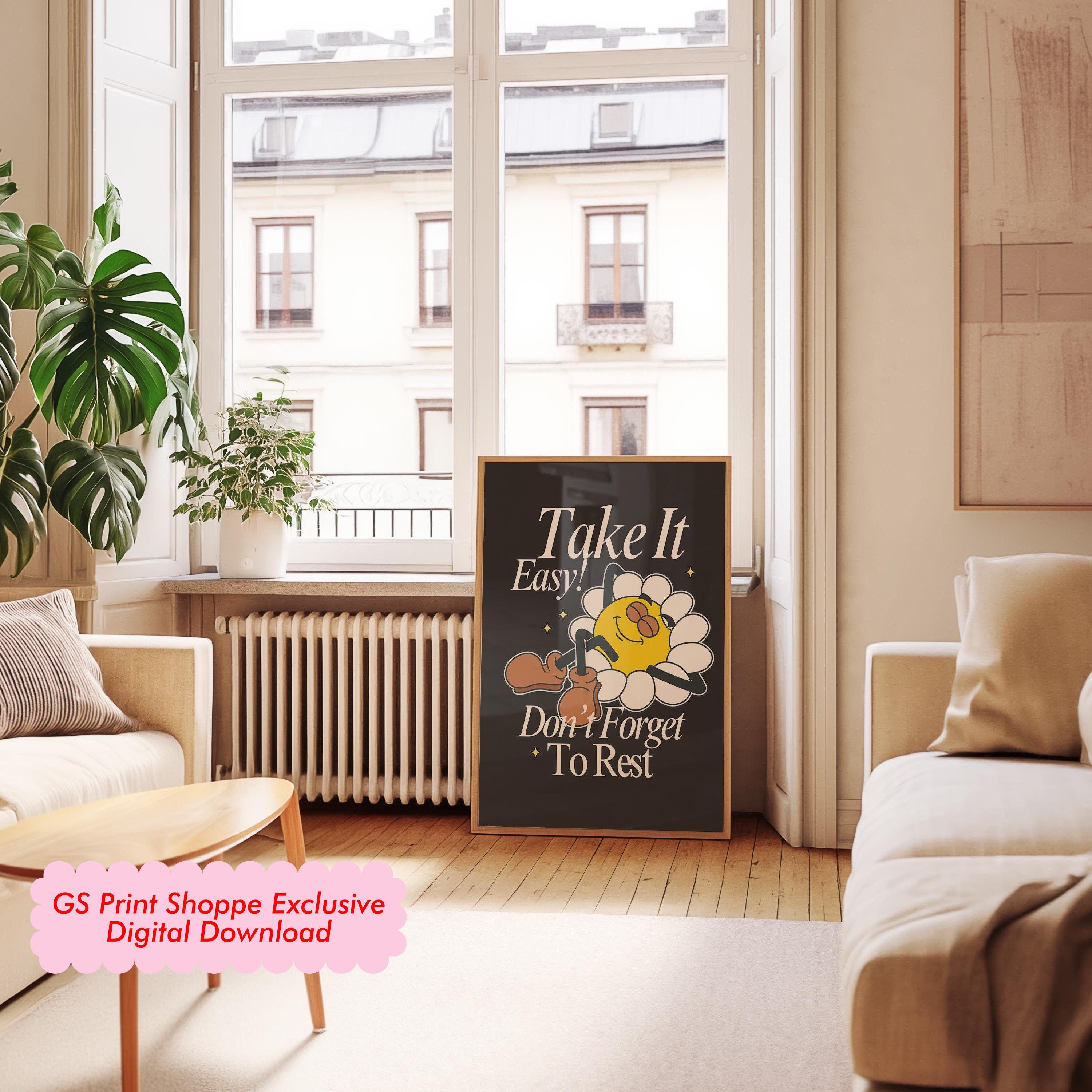 Take It Easy Art-Digital Prints-Retro Art Quote-Floral Art-Classroom Art Print-Kids Art-Flower Art Print-Cute Cartoon Art, Retro art print