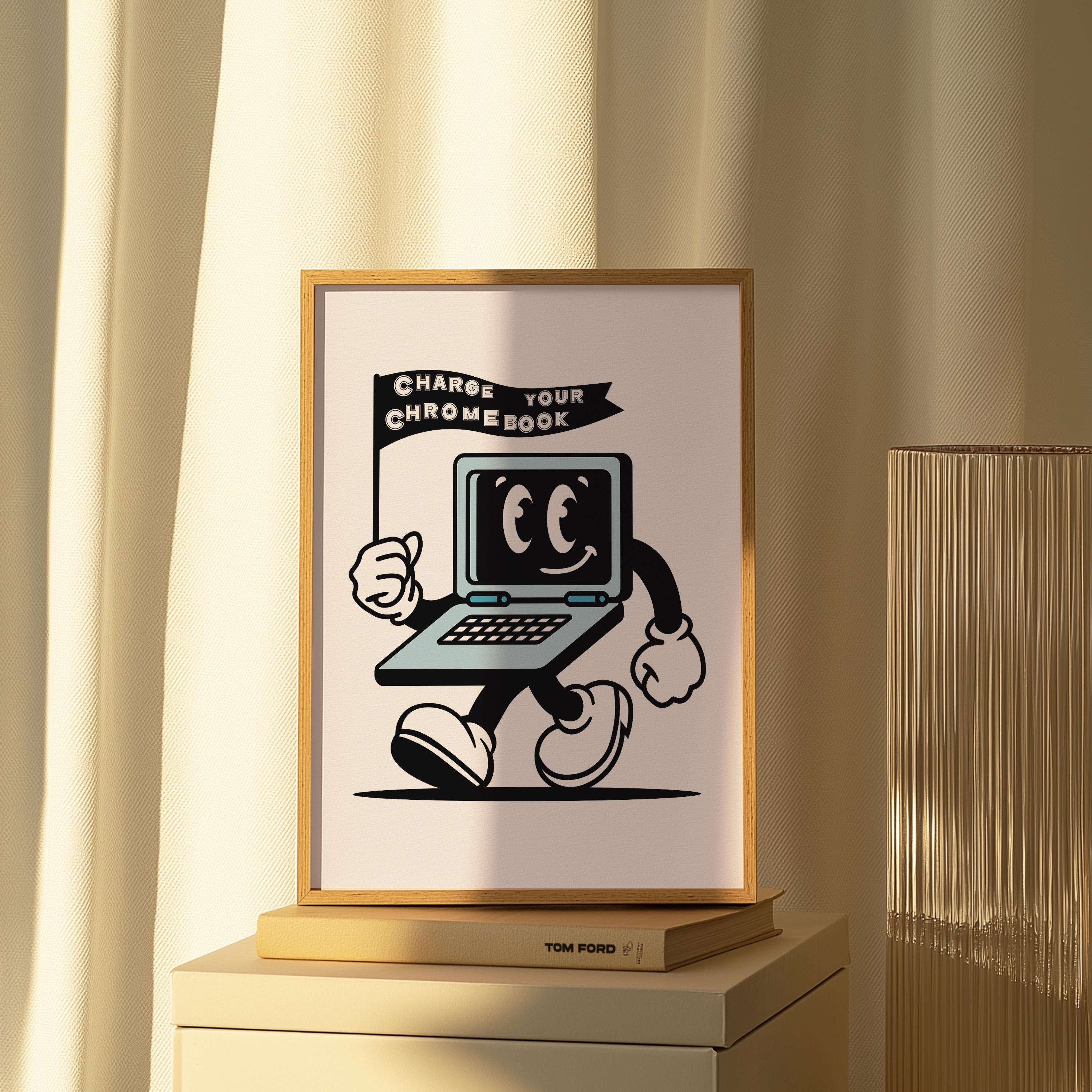 Classroom Wall Decor - Retro 70s Art Print, Digital Download Cartoon Character for Chromebook Charging, Unique Educational Decor