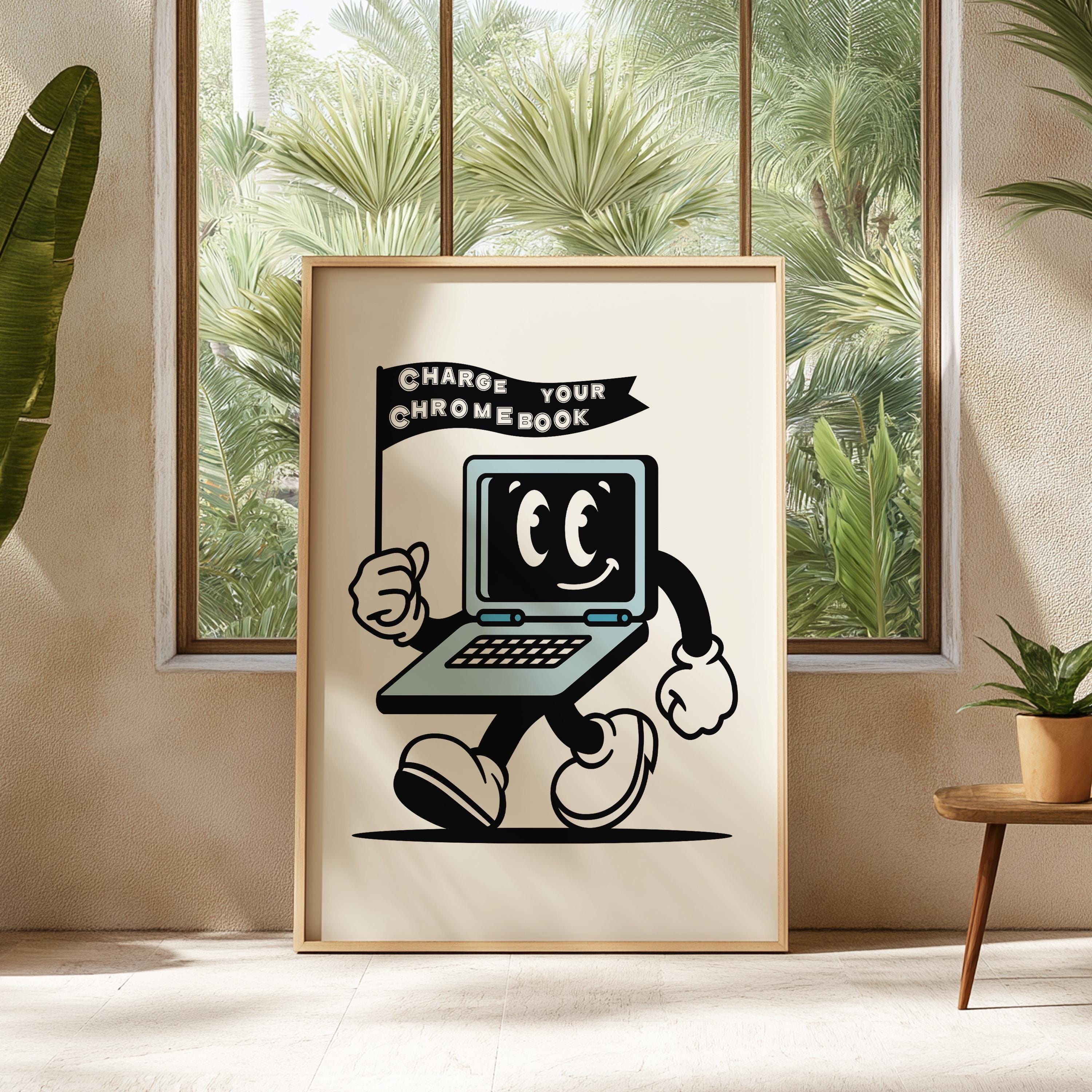 Classroom Wall Decor - Retro 70s Art Print, Digital Download Cartoon Character for Chromebook Charging, Unique Educational Decor