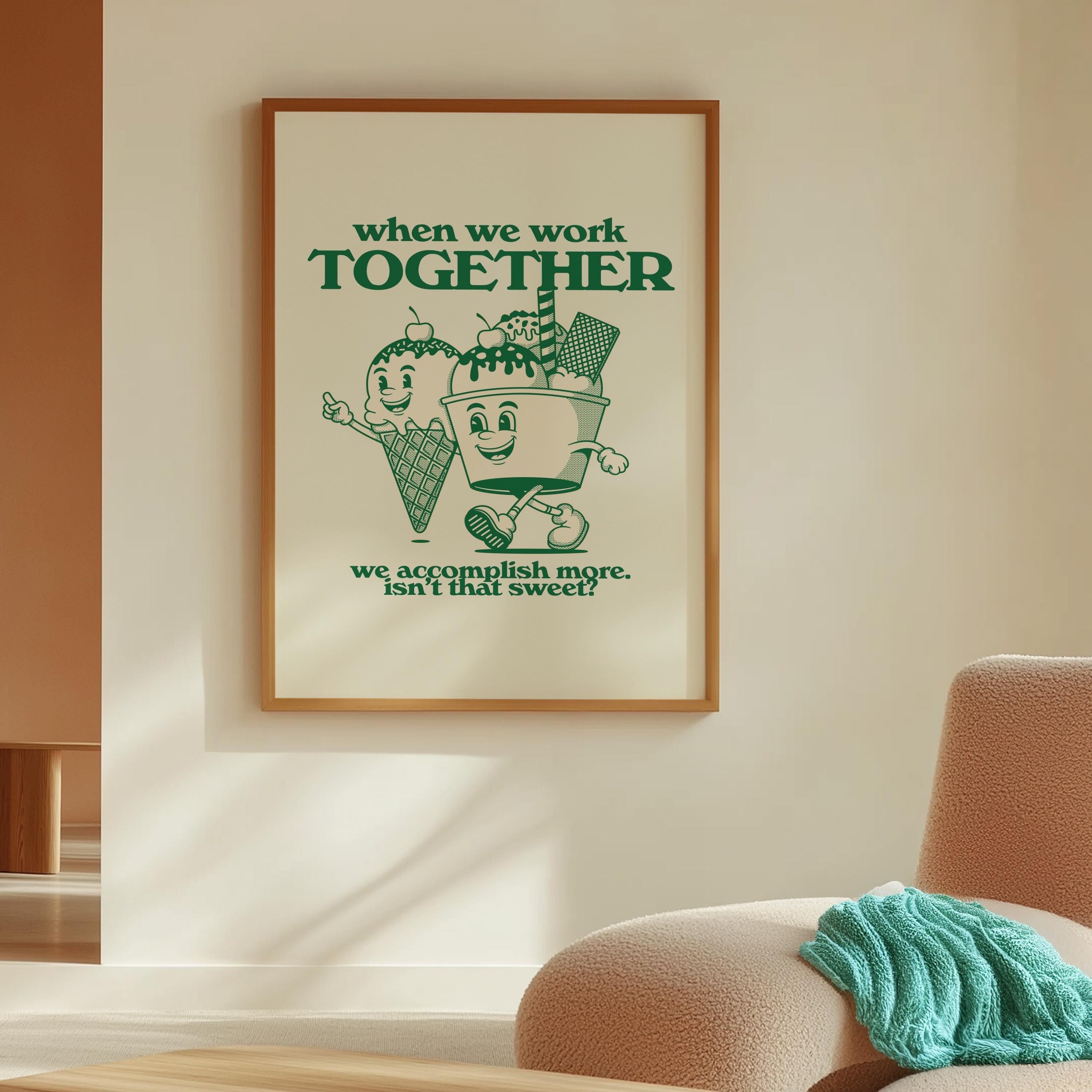 Kids Room Decor: Class Decor School Poster, Teamwork Classroom Art Print, Green Wall Art, Retro Cartoon Inspiration for Kids, Team Art