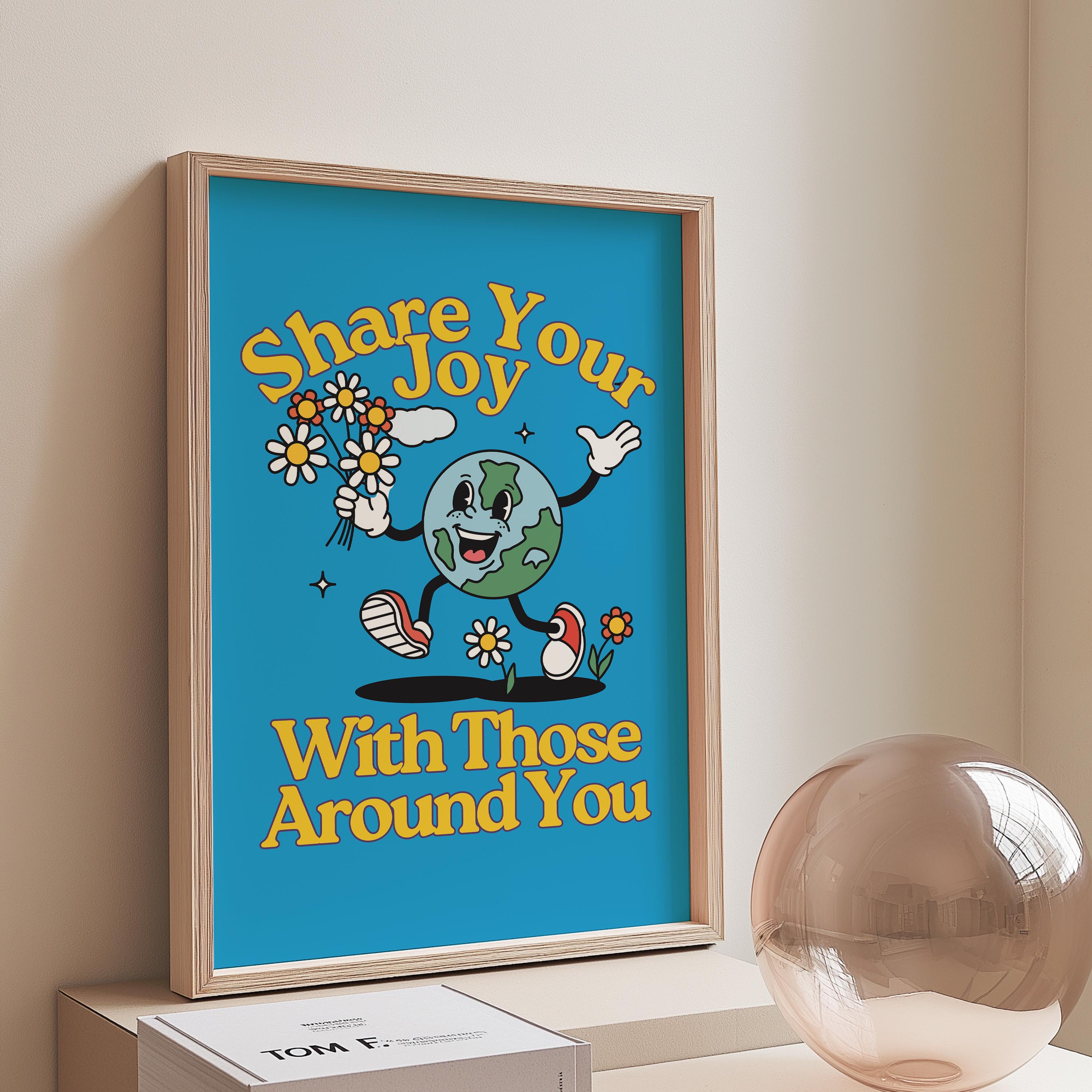 Kids Room Art Print - Cute Positive Cartoon Vintage Mascot, Downloadable Earth Poster for Classroom & Nursery Decor