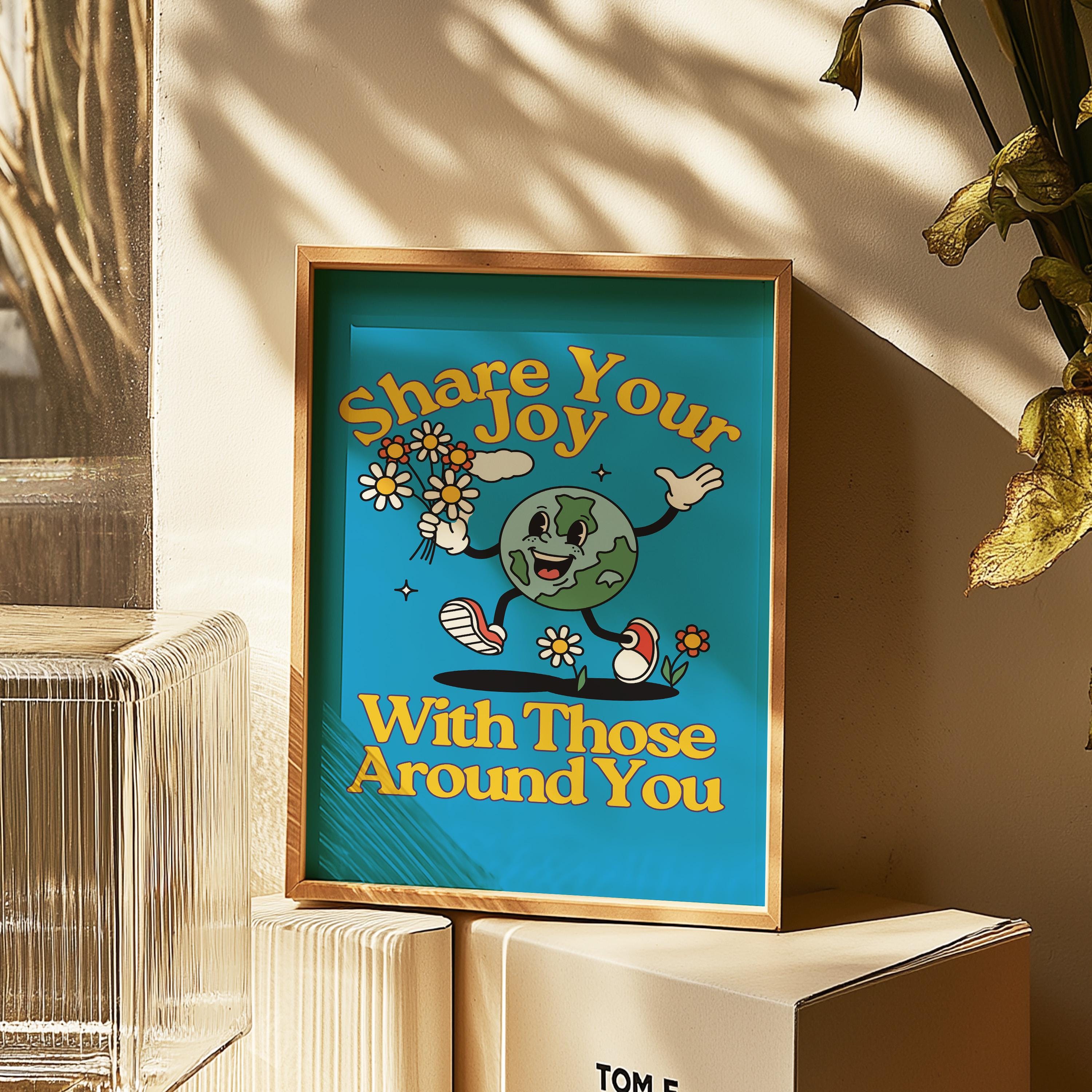 Kids Room Art Print - Cute Positive Cartoon Vintage Mascot, Downloadable Earth Poster for Classroom & Nursery Decor