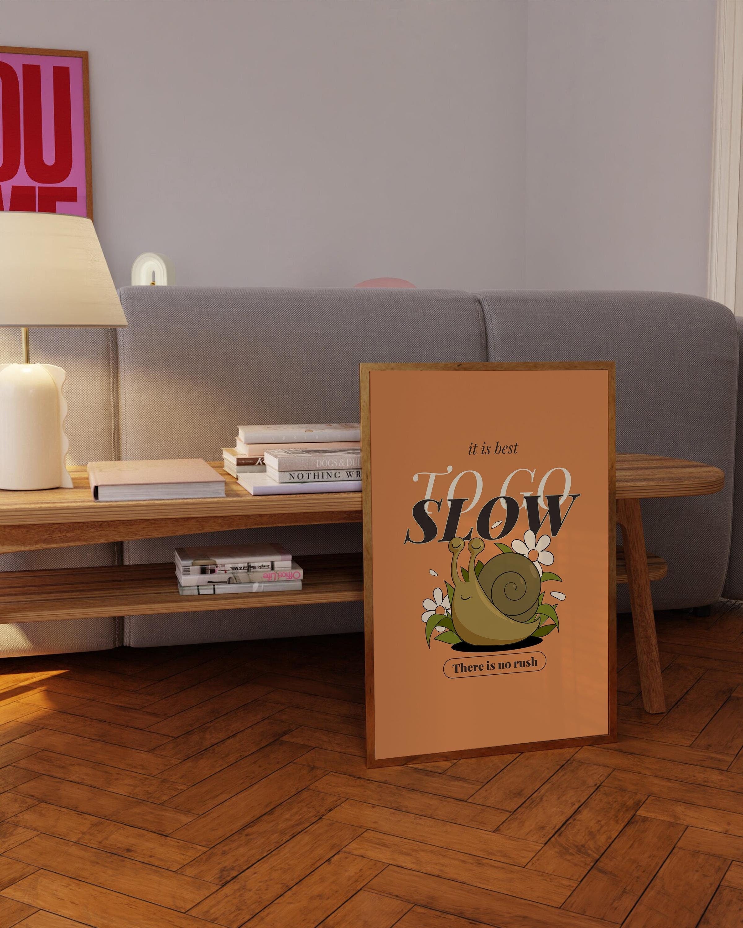Go Slow Art, Digital Prints, Retro Art Decor, Cute Cartoon Art, Snail Cartoon Art, Retro Cartoon Art, Cute Animal Art, Vintage Cartoon Art