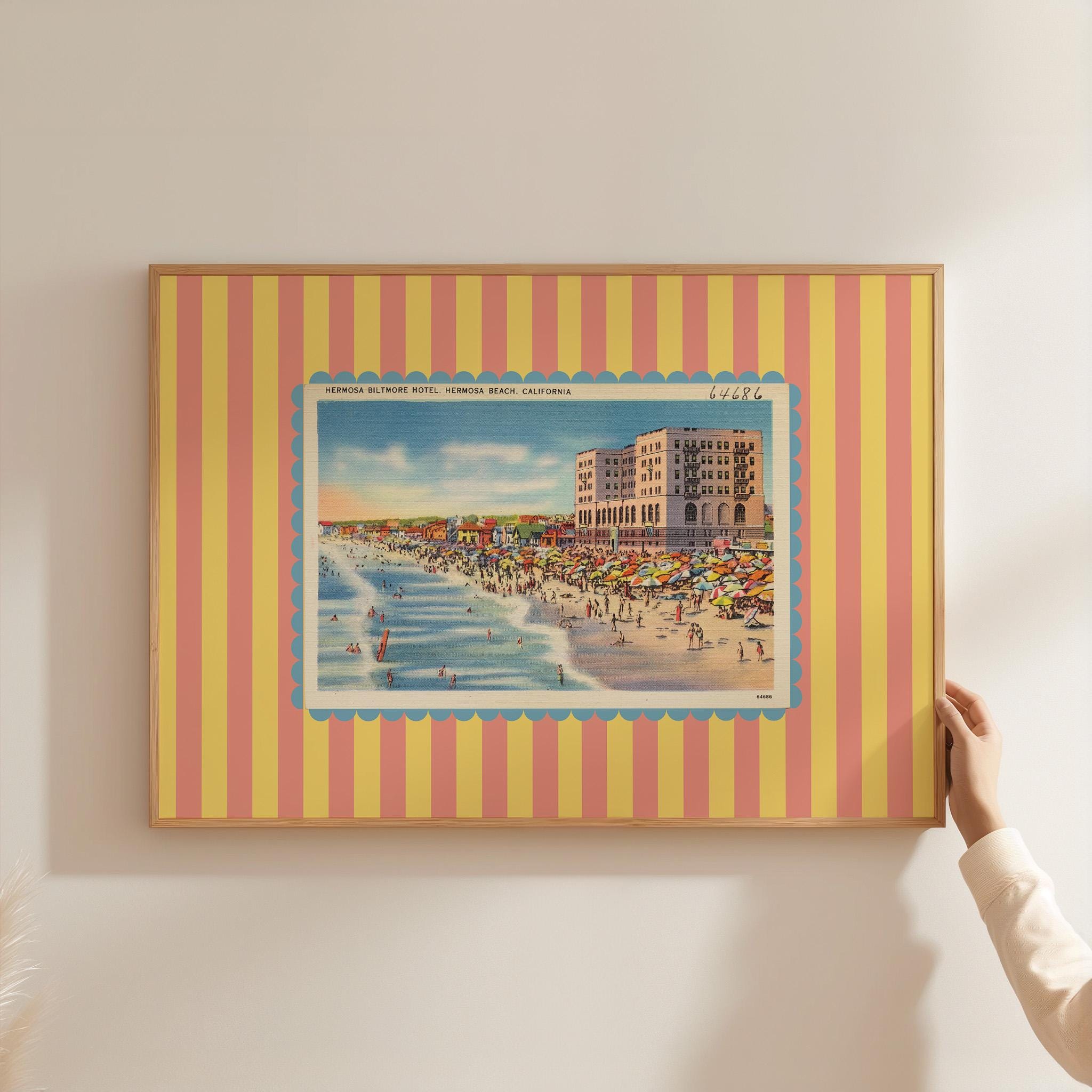 Beach Art Decor, Vintage Beach Art, Hermosa Beach Art, Trendy Striped Art, Los Angeles Art, Retro Print, Girls Room Art, Kids Room Decor