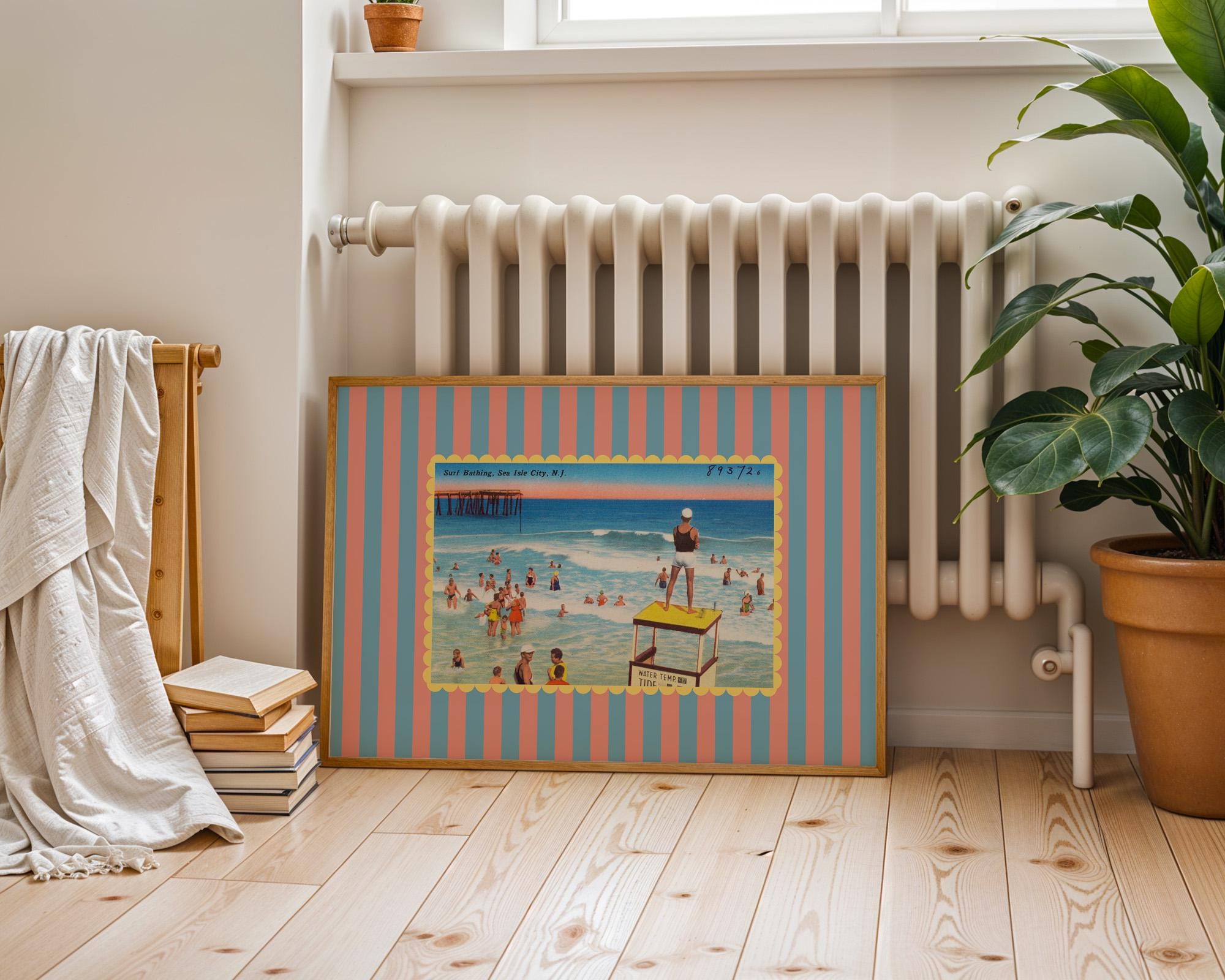 East Coast Art, Vintage Beach Art, Sea Isle Art, Trendy Striped Art, New Jersey Art, Retro Print, Girls Room Art, Kids Room Decor