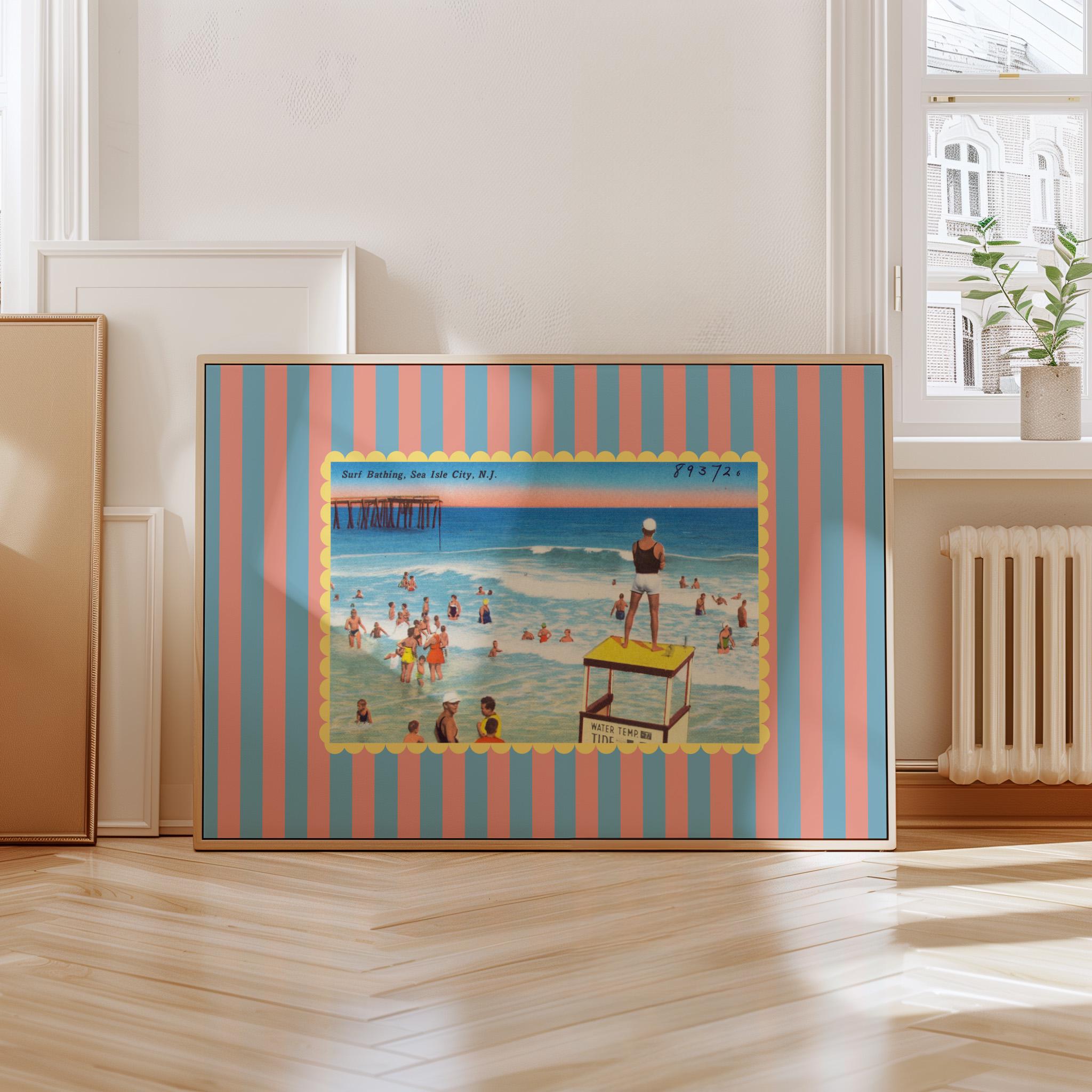 East Coast Art, Vintage Beach Art, Sea Isle Art, Trendy Striped Art, New Jersey Art, Retro Print, Girls Room Art, Kids Room Decor