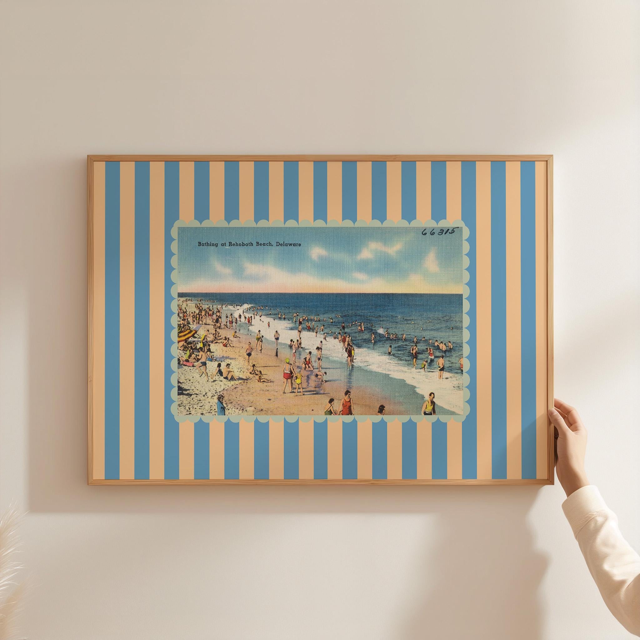 East Coast Art, Vintage Beach Art, Rehoboth Beach Art, Trendy Striped Art, Delaware Art, Retro Print, Girls Room Art, Kids Room Decor