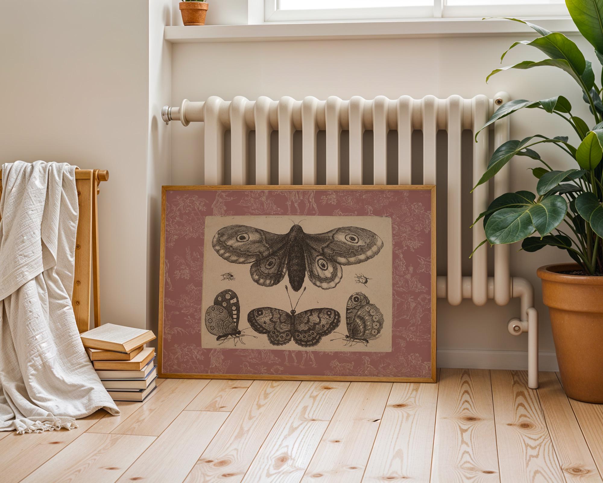 Vintage Pink Toile Butterfly Print, Digital Downloadable Wall Art, Trendy Decor, Botanical illustration, Living Room Art, Cottage, Nursery