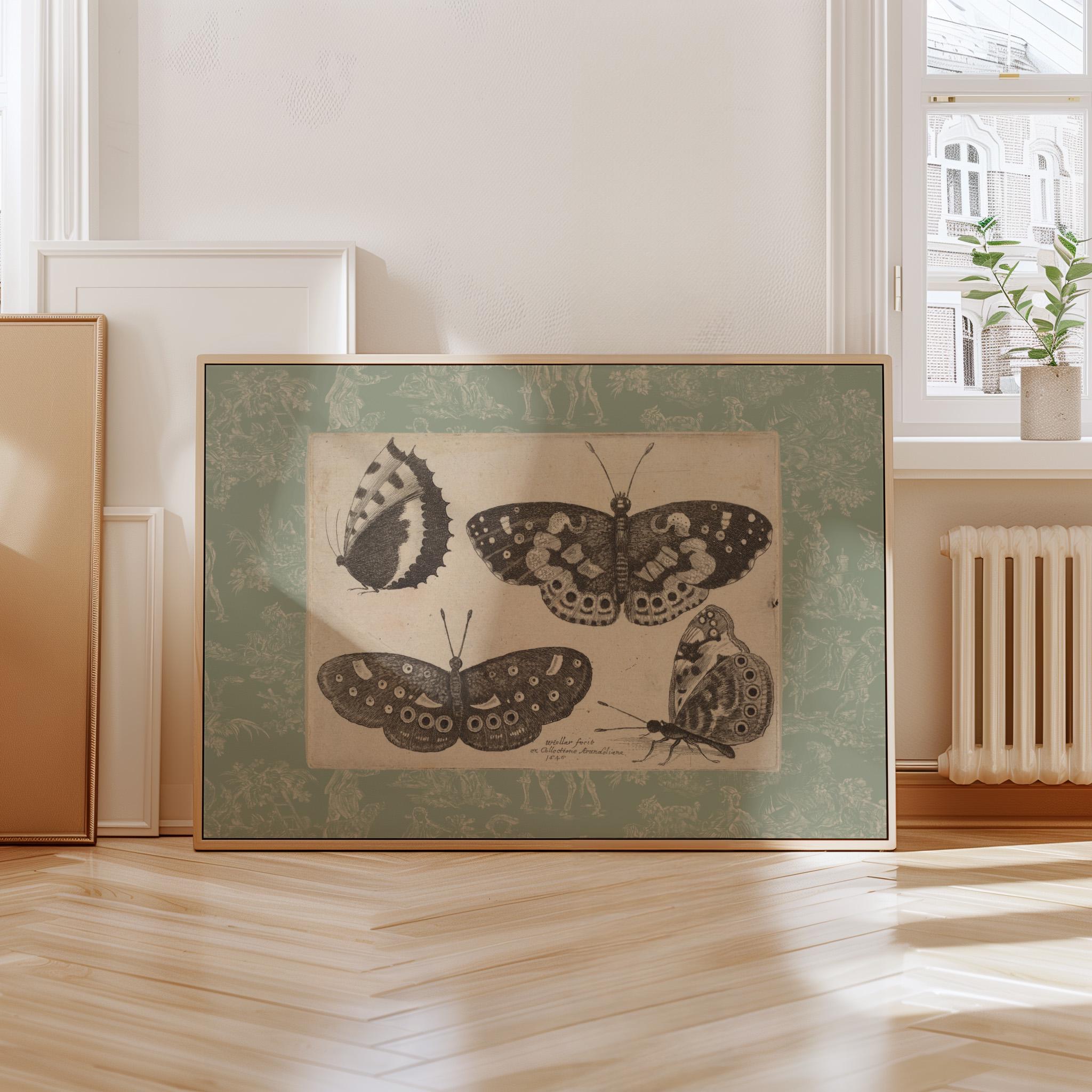 Vintage Green Toile Butterfly Print, Digital Downloadable Wall Art for Trendy Decor, Botanical Illustration for Living Room & Nursery