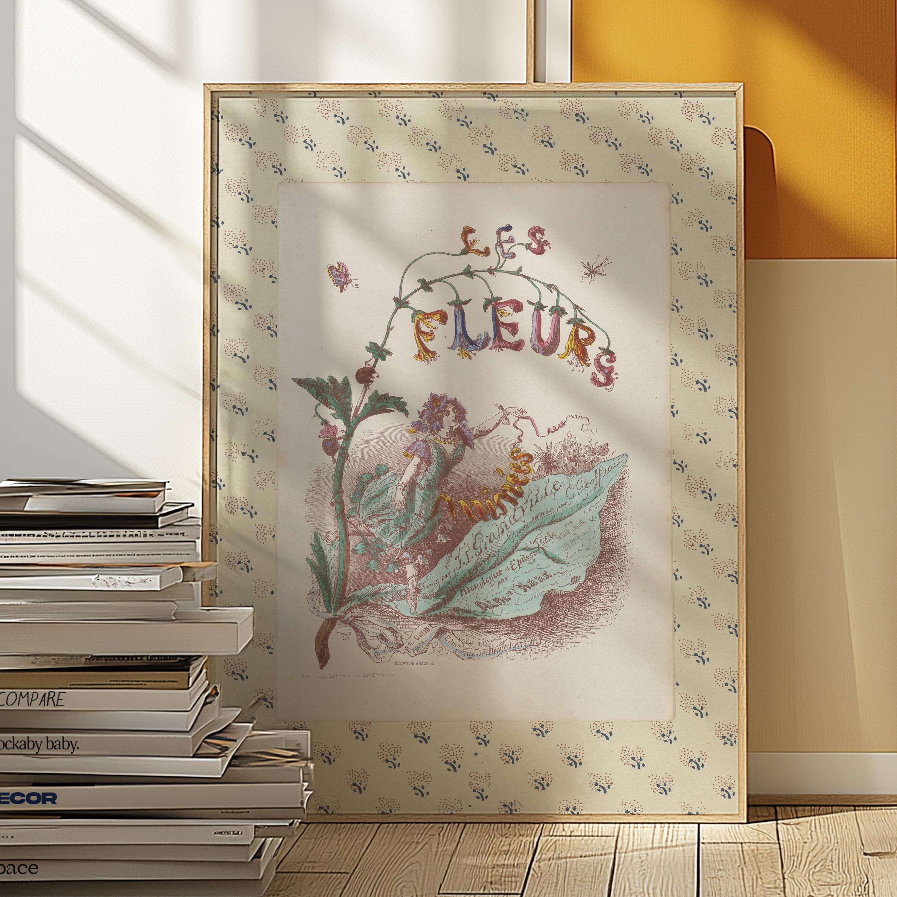 Vintage Prints: Pink Floral Poster & Antique Flower Art for Nursery Decor, Retro Wall Art Decor, Pink Vintage Art, Les Fleurs Antique Print