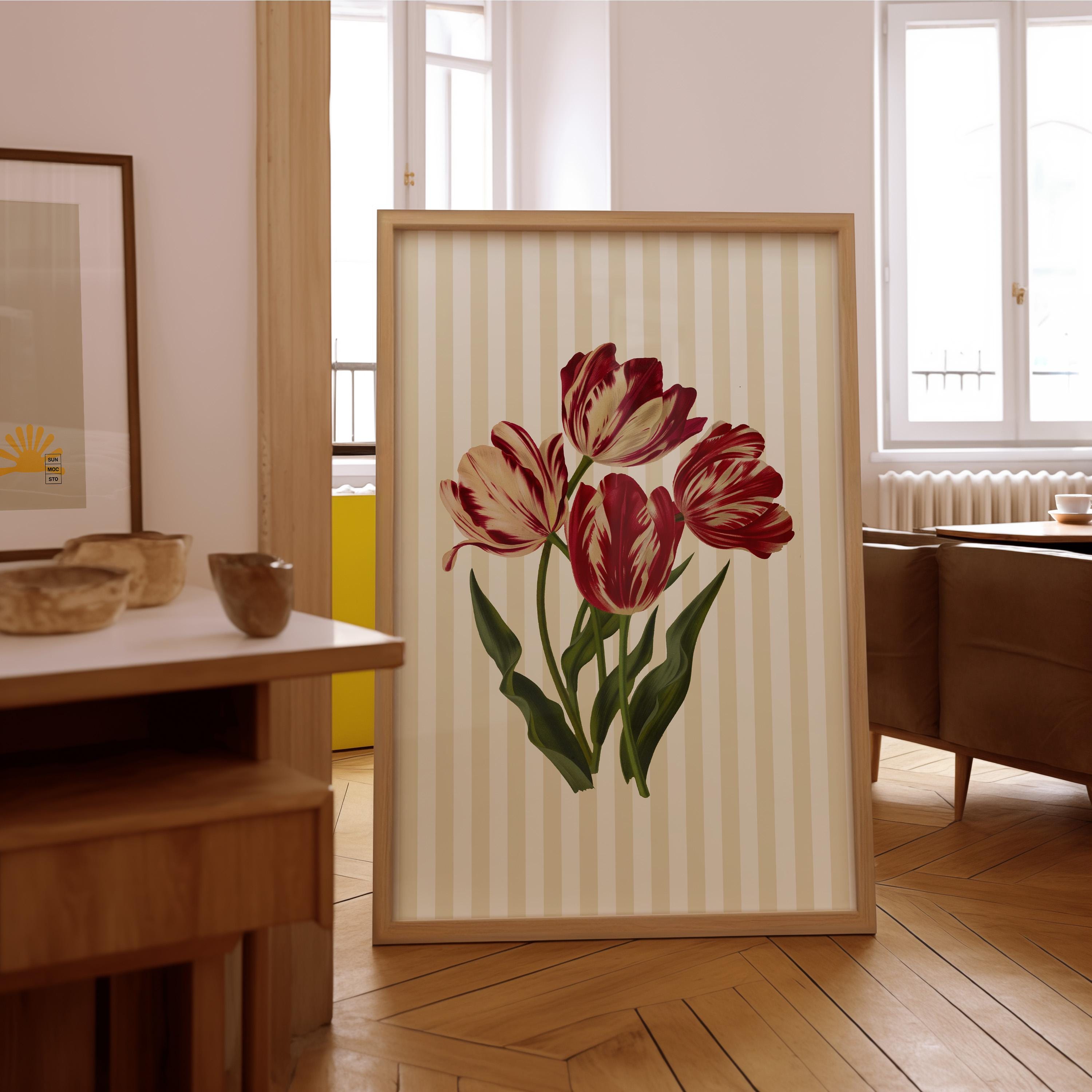 Floral Art Print, Vintage Flower Art Print, Cottagecore Neutral Decor Digital PRINTABLE Download, Striped Floral Wall Art