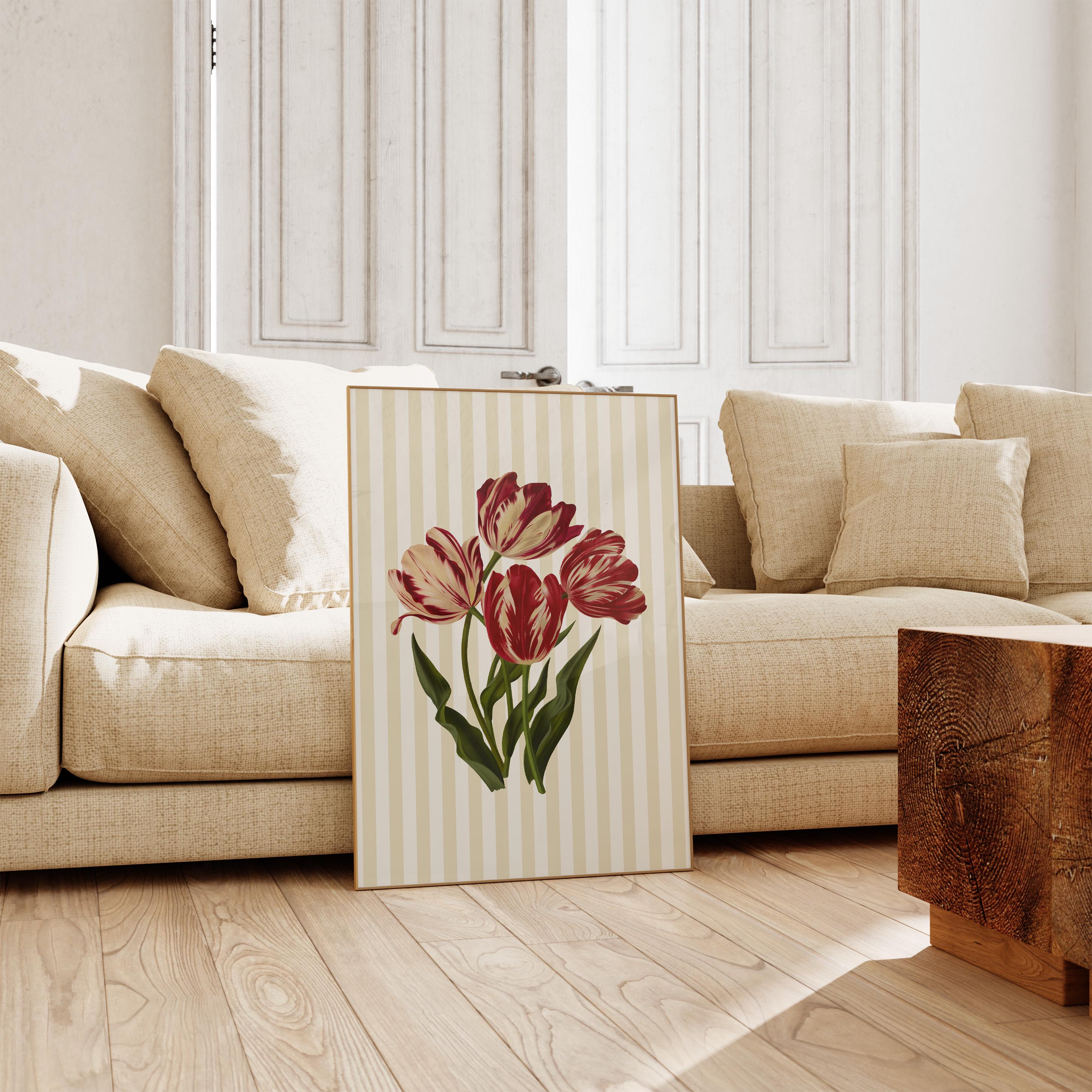 Floral Art Print, Vintage Flower Art Print, Cottagecore Neutral Decor Digital PRINTABLE Download, Striped Floral Wall Art