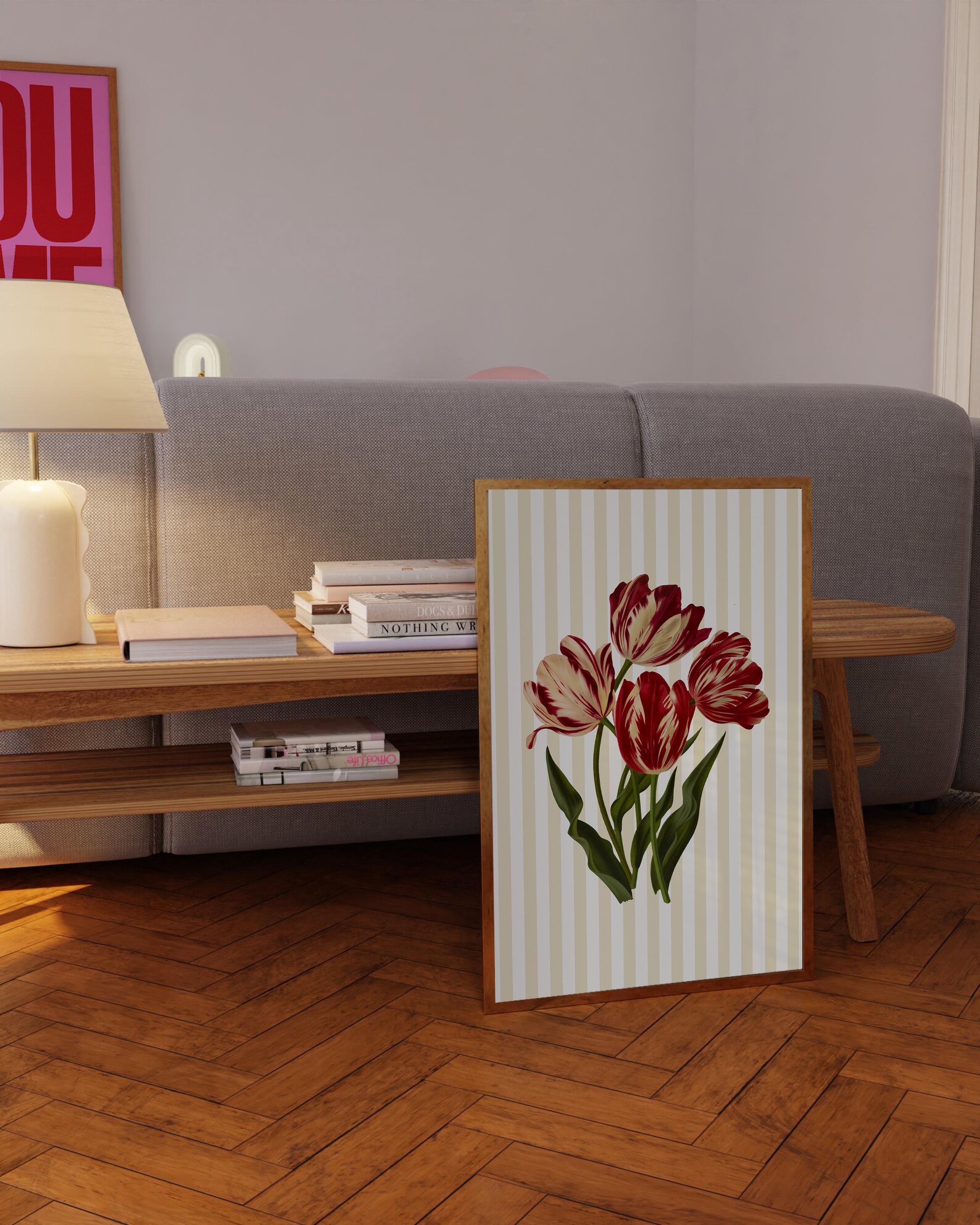 Floral Art Print, Vintage Flower Art Print, Cottagecore Neutral Decor Digital PRINTABLE Download, Striped Floral Wall Art