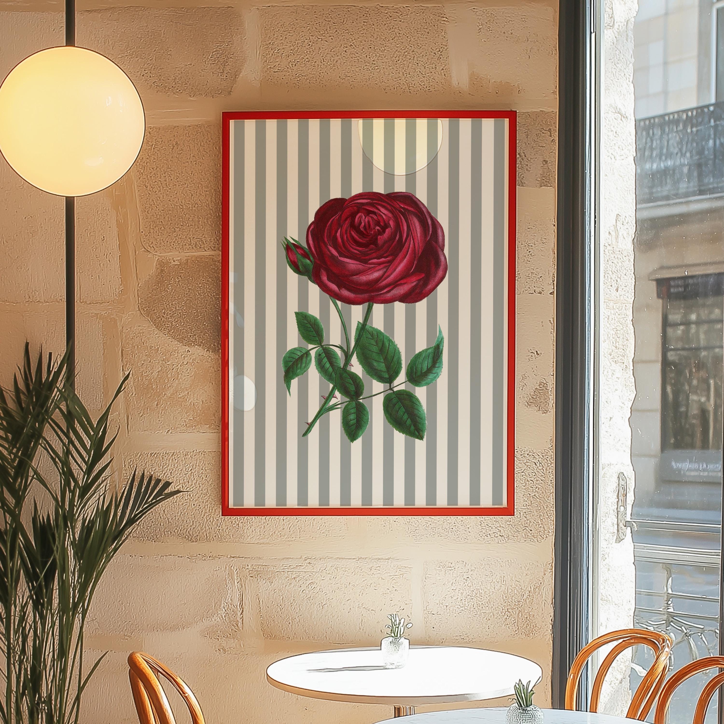Rose Art Print, Vintage Flower Art Print, Nancy Myers Decor Digital PRINTABLE Download, Striped Floral Wall Art, Rose Striped Art Print