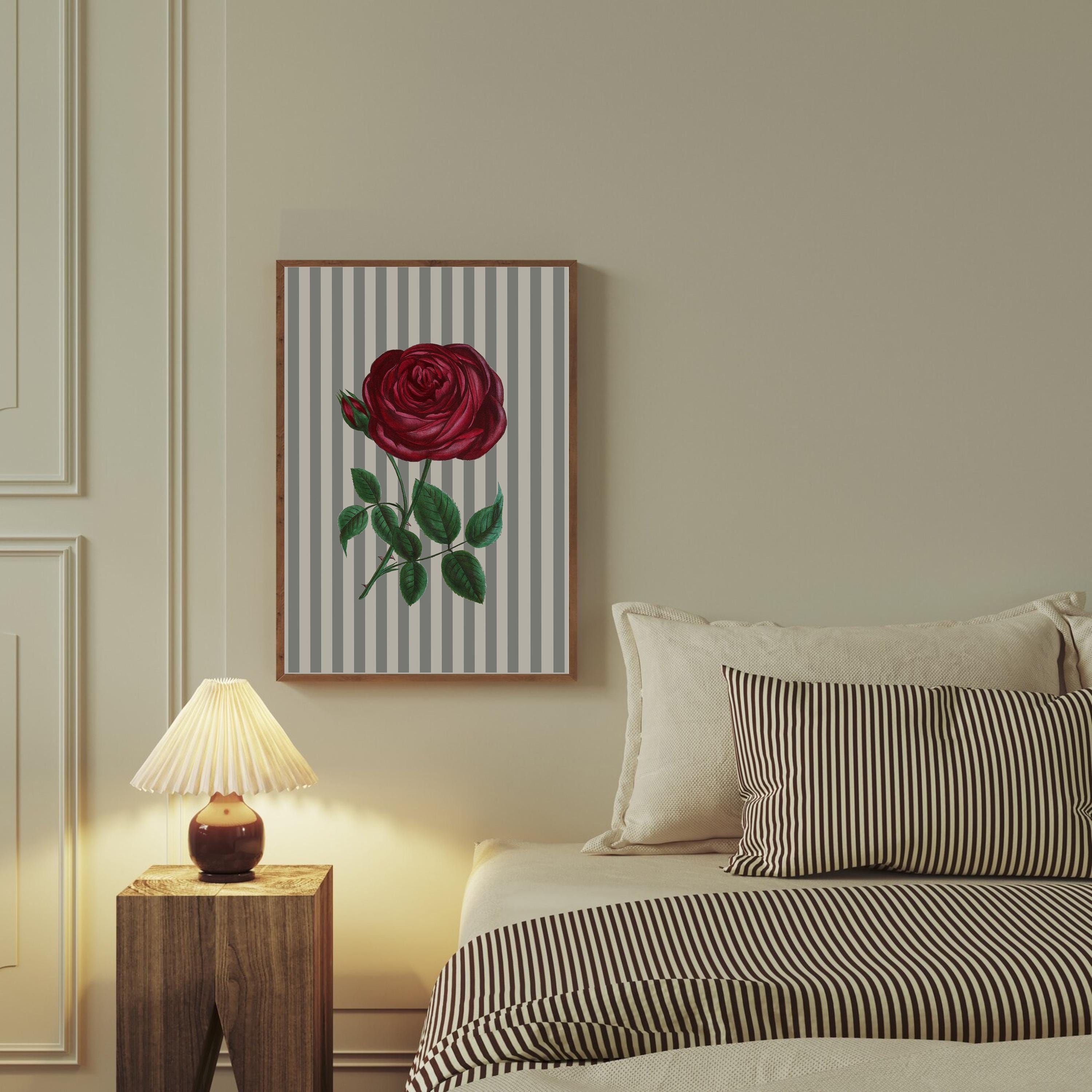 Rose Art Print, Vintage Flower Art Print, Nancy Myers Decor Digital PRINTABLE Download, Striped Floral Wall Art, Rose Striped Art Print