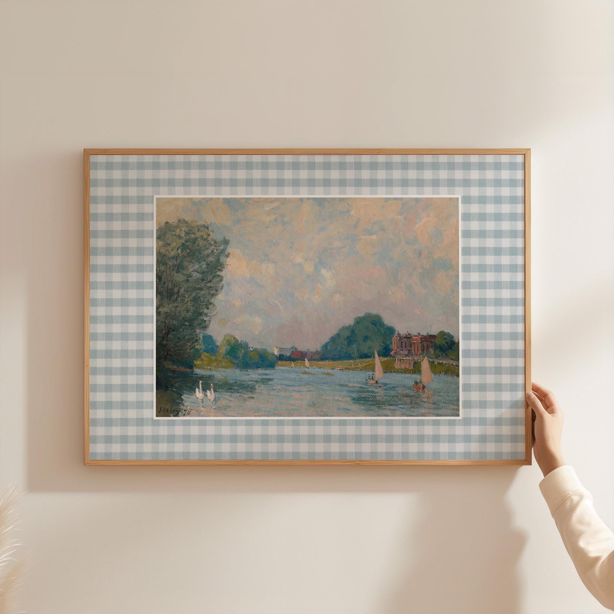Gingham Art Illustration, Castle Print, Vintage European Art, Blue Wall Art for Kids Room, Castlecore art print, Castle Decor, Castle Art