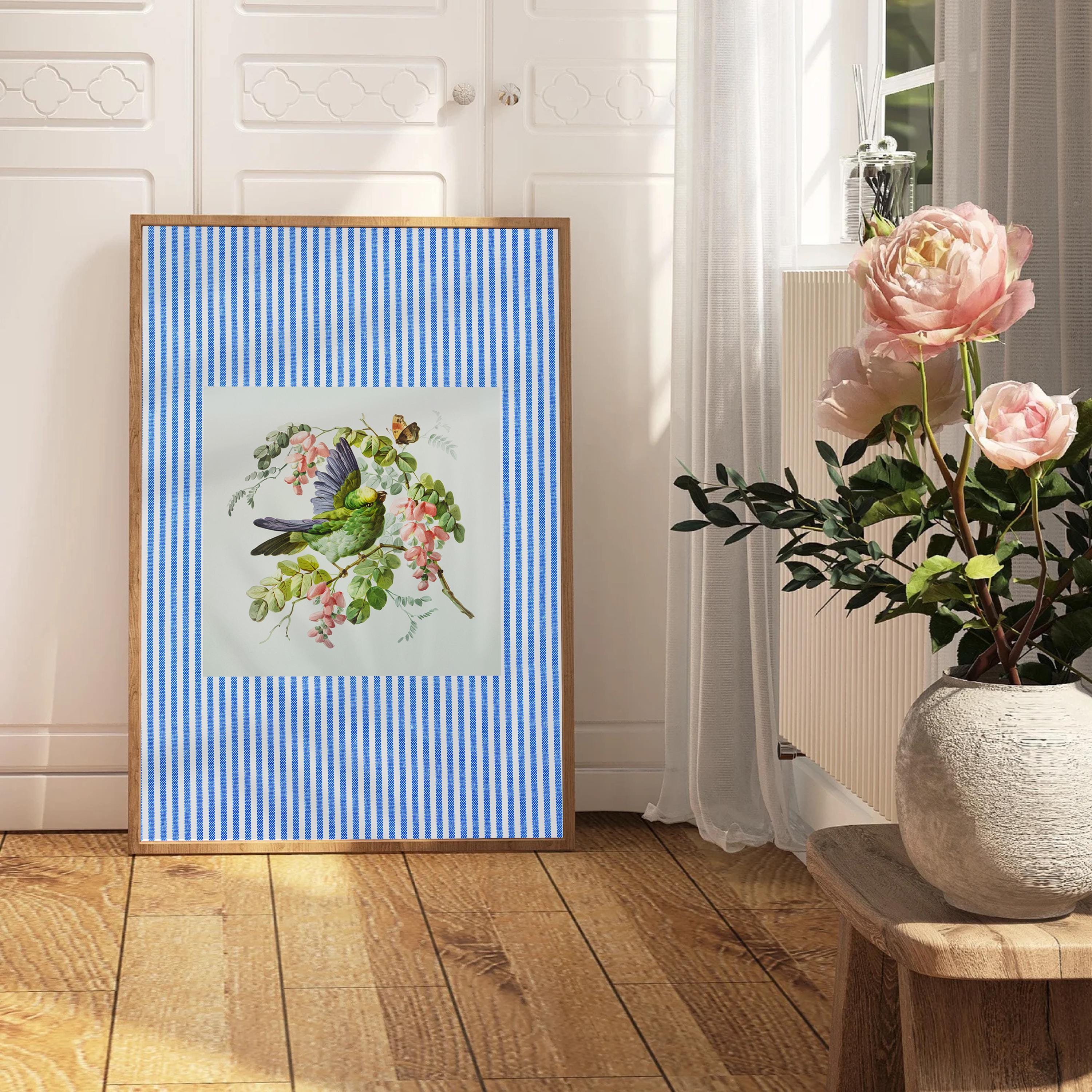 Blue Striped Print, Trendy Maximalist Aesthetic, Vintage Bird Wall Art, Printable Art Digital Download, Vintage Bird Art, Bird Painting