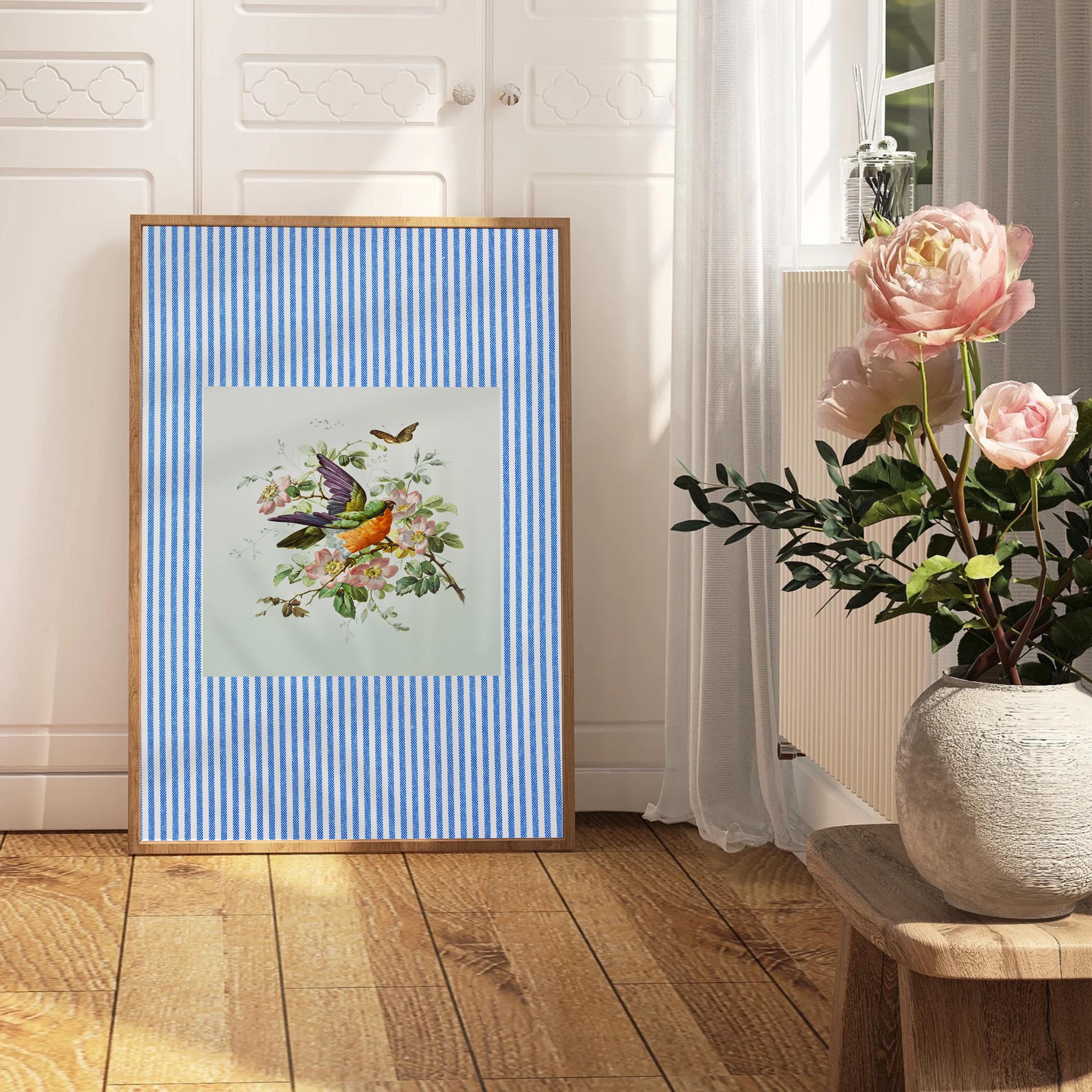 Blue Striped Print, Trendy Maximalist Art, Vintage Bird Prints, Printable Art, Digital Download, Vintage Bird Decor, Bird Wall Art