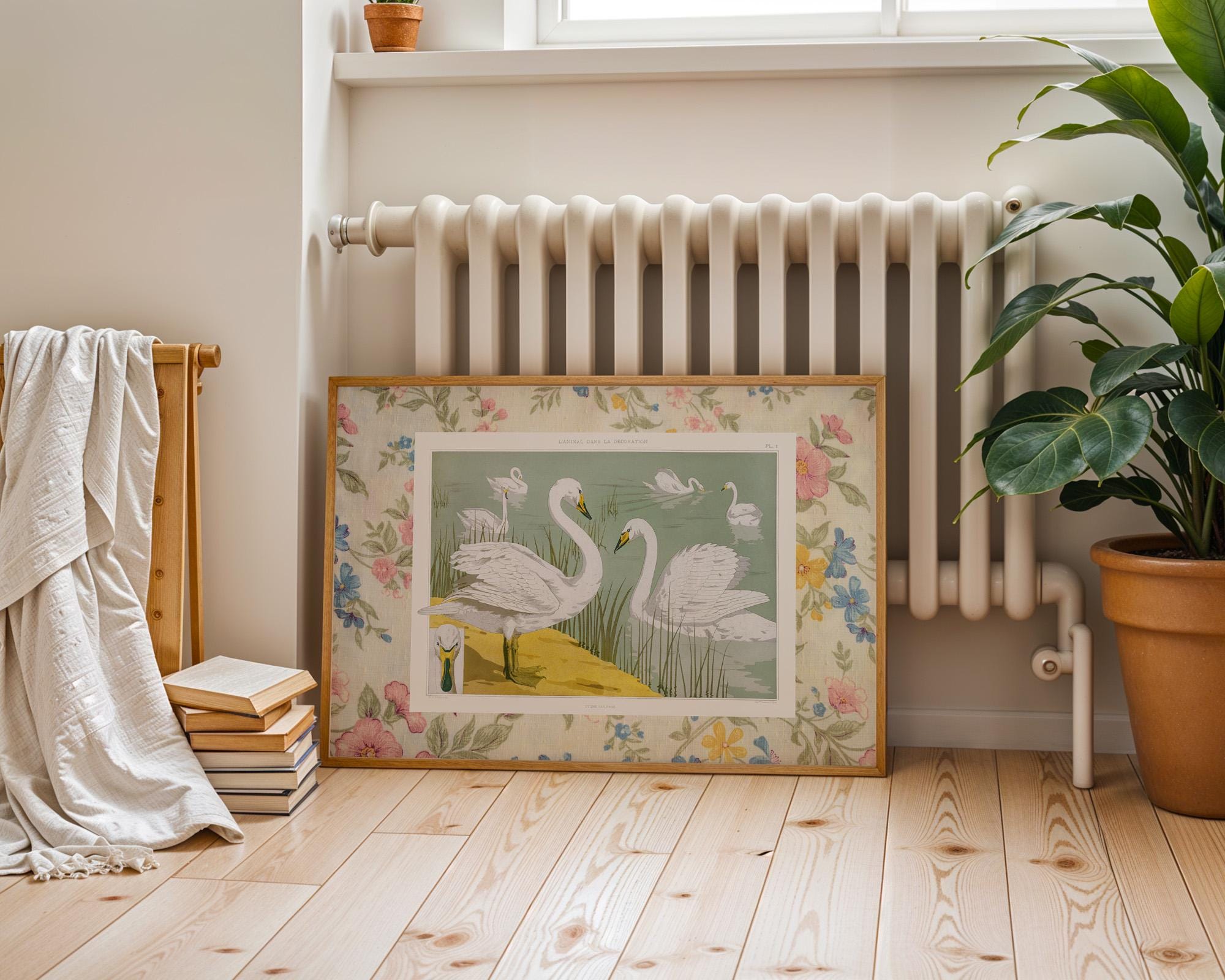 Pink Floral Swan Print, INSTANT Digital Downloadable Wall Art, Trendy Decor, Nautical illustration, Living Room Art, Cottage, Nursery