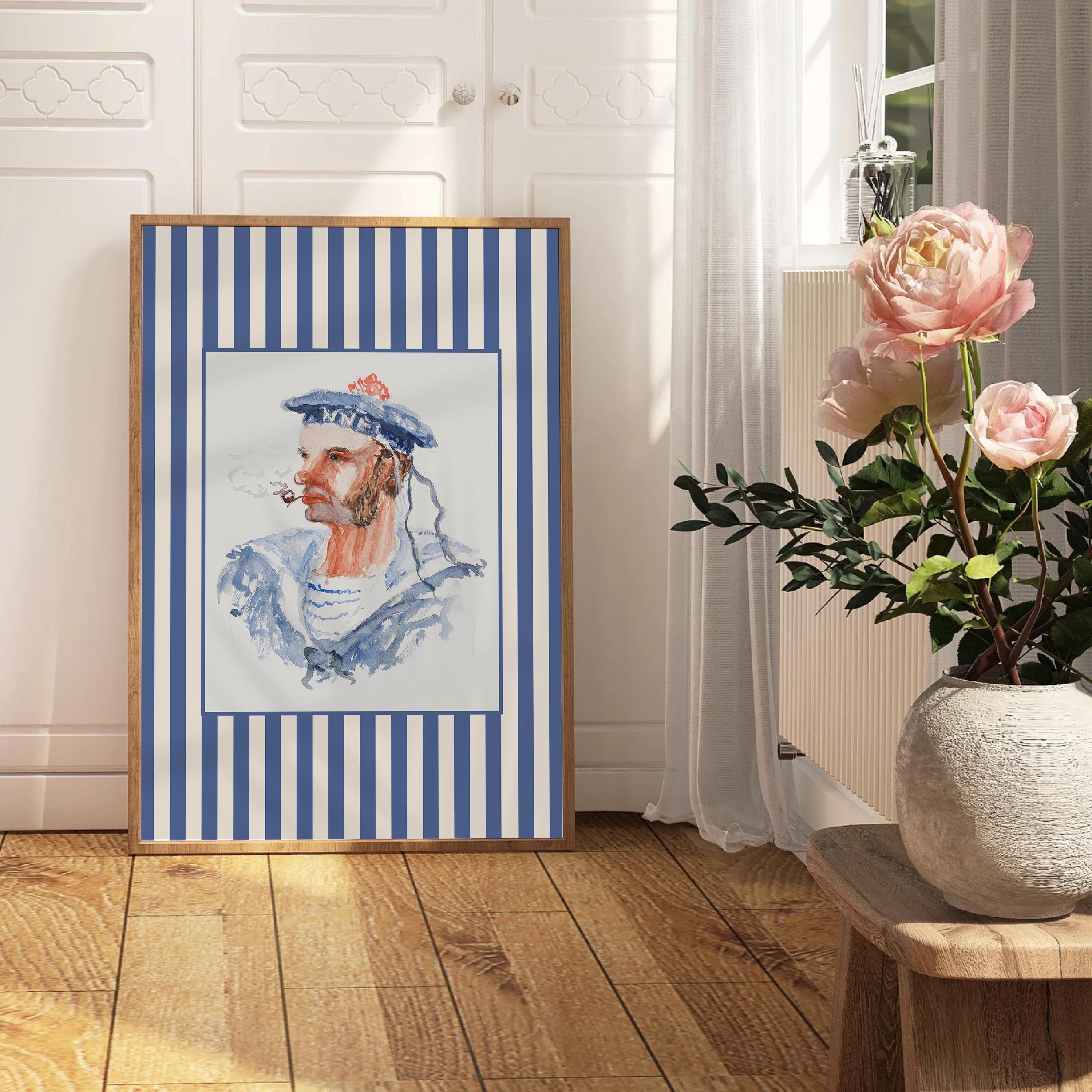 Sailor Print, INSTANT Digital Wall Art, Trendy Decor, Nautical illustration, Living Room Art, Cottage, Nursery, Vintage Striped Art