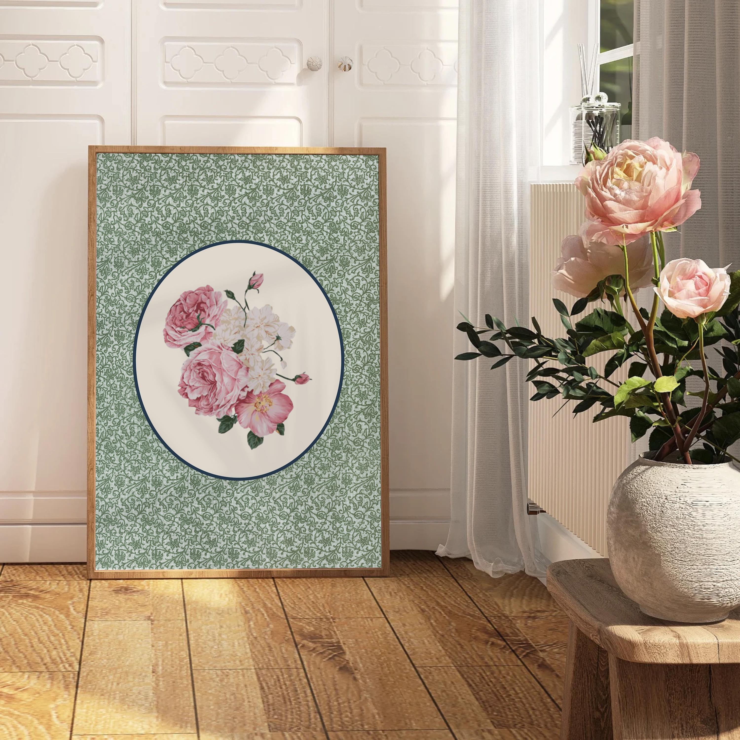 Green and Pink Digital Art, Floral Nursery Decor, Vintage Prints, Vintage Floral Art, Vintage Aesthetic, Grandmilennial Art, Cottagecore art