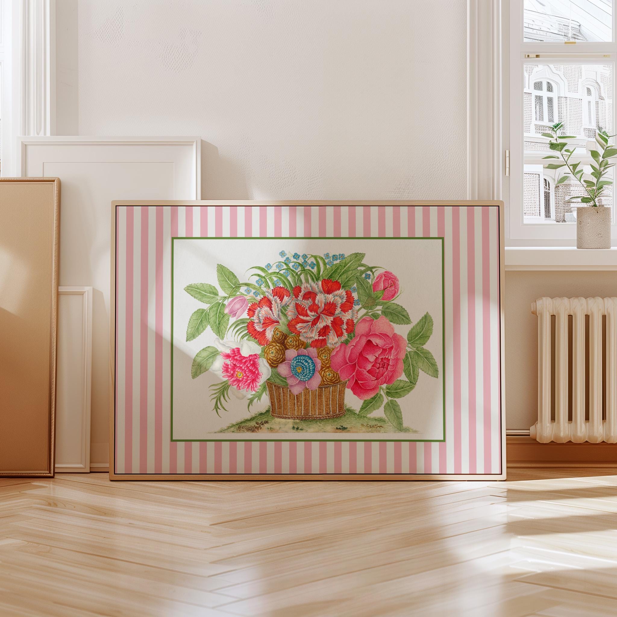 pink botanical art prints, striped floral art prints, grandmillenial art, antique digital, Nancy meyers inspired art, pink farmhouse art