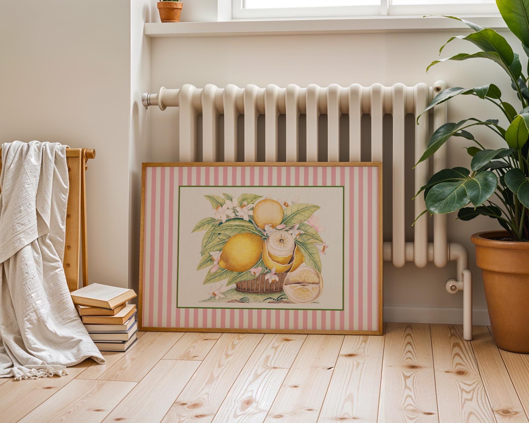 Pink Lemons Framed, Vertical, Art Print, Digital Print, Wall Art, Trendy Decor, Vintage Painting, English Garden, Floral, Cottage, Nursery