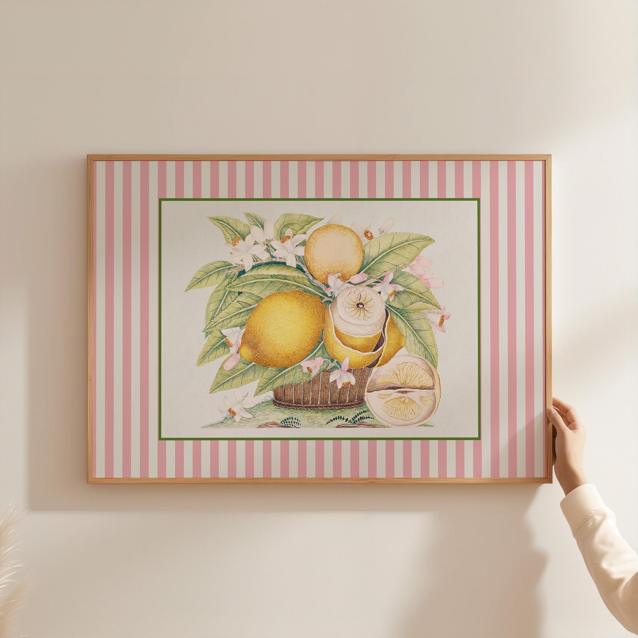 Pink Lemons Framed, Vertical, Art Print, Digital Print, Wall Art, Trendy Decor, Vintage Painting, English Garden, Floral, Cottage, Nursery