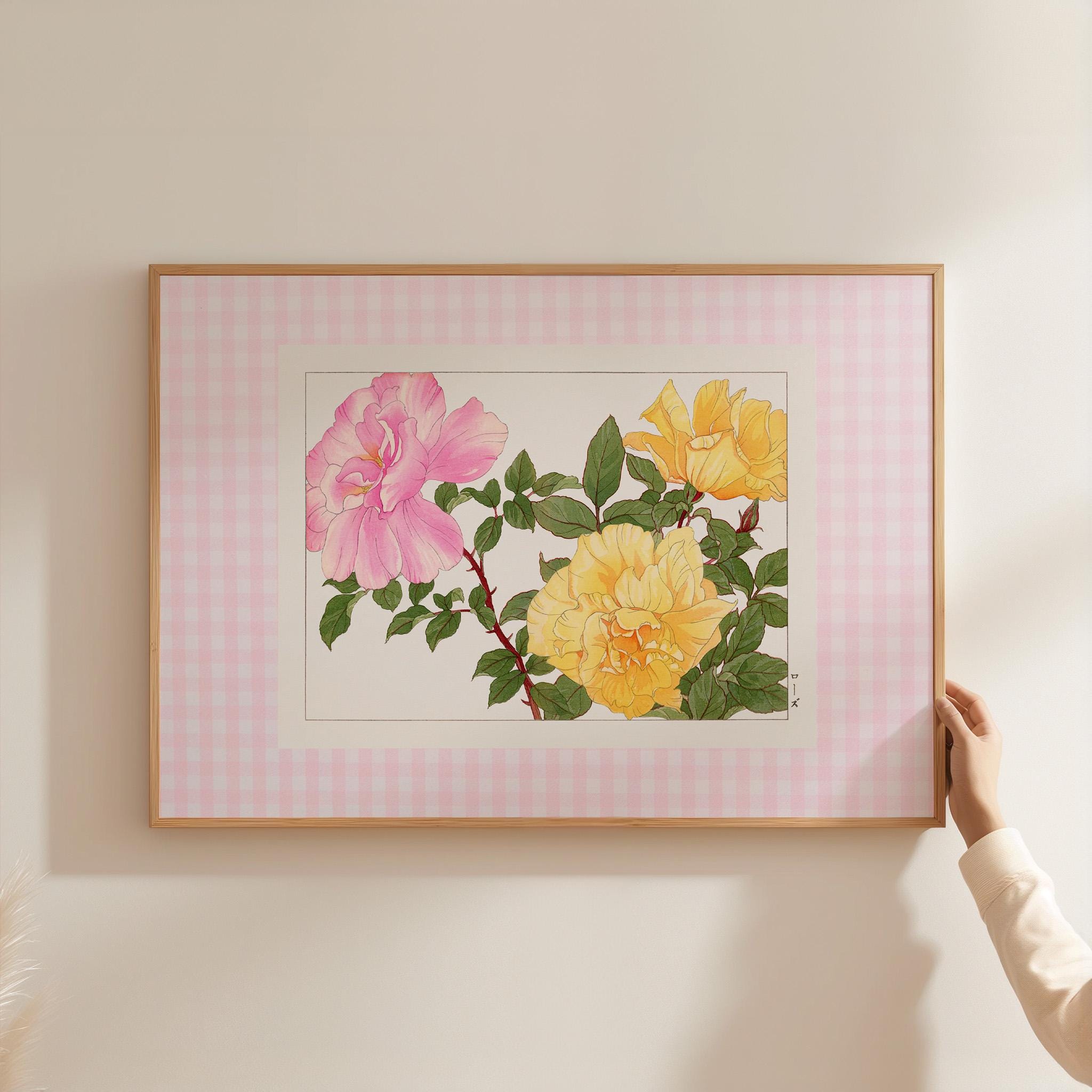 Pink Gingham Art, Digital Print, Wall Art, Trendy Decor, Abstract Vintage Painting, English Garden, Floral, Cottage, Vintage Aesthetic