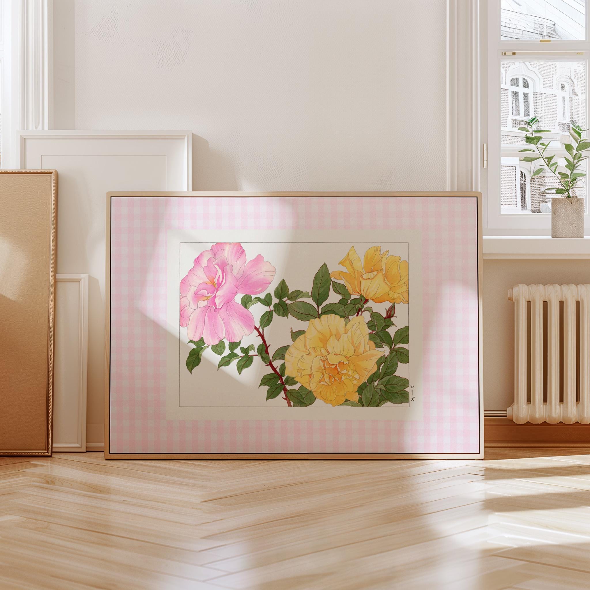 Pink Gingham Art, Digital Print, Wall Art, Trendy Decor, Abstract Vintage Painting, English Garden, Floral, Cottage, Vintage Aesthetic