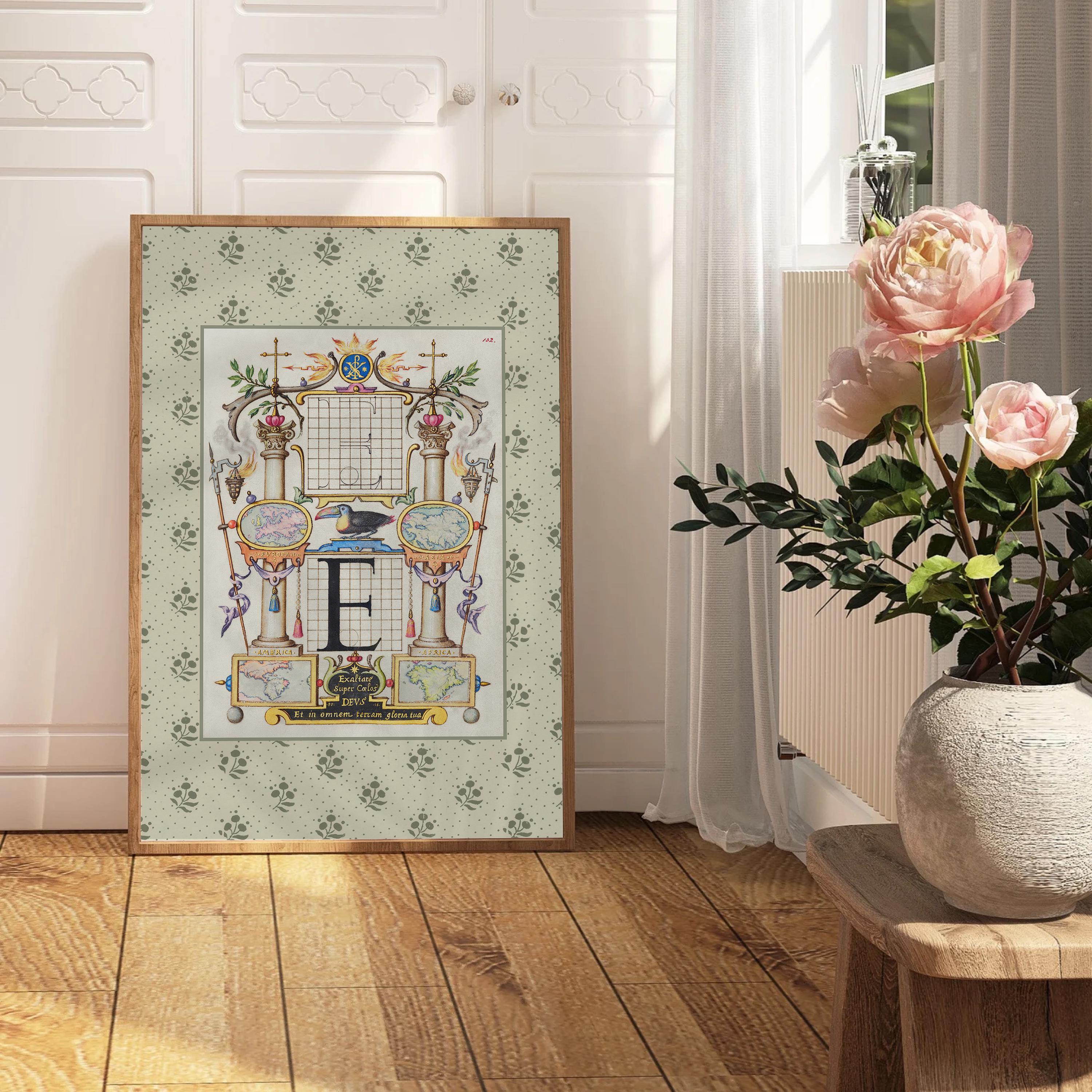 Vintage Initial Print, Single Letter Alphabet Poster, E Poster, Eclectic Home Typography Decor, Nursery Room Decor, Digital Download