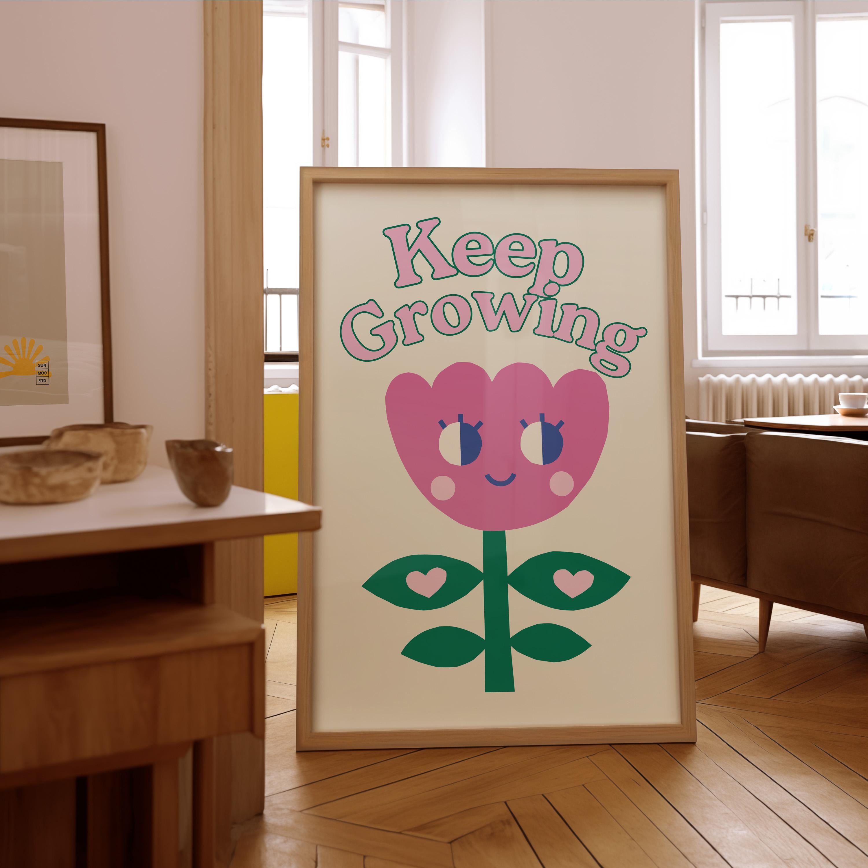 Classroom Art, Kids Room Art, Downloadable Print, Cartoon Art Print, Keep Growing Art, Trendy Posters, Vintage Mascot, Cute Positive Art