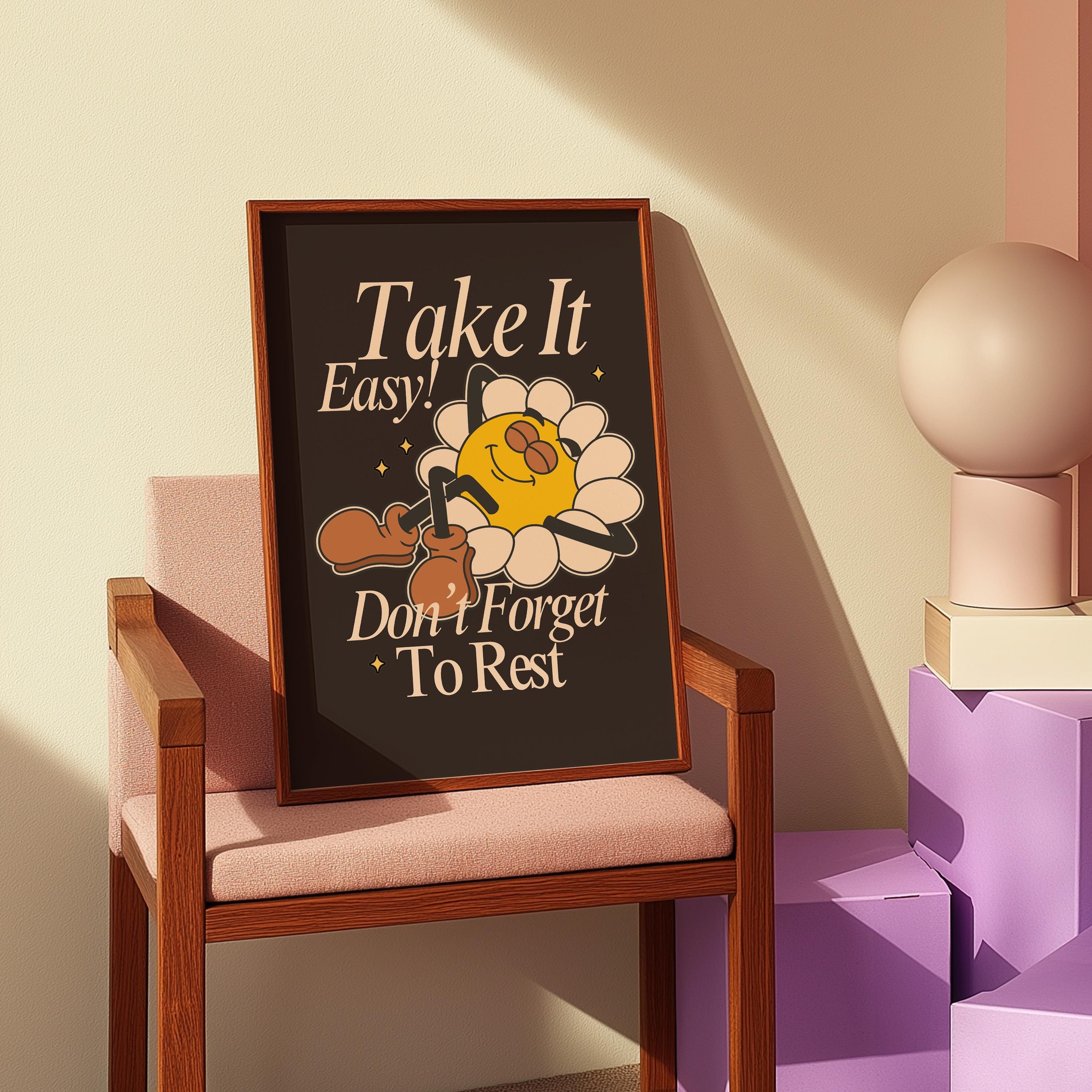 Take It Easy Art-Digital Prints-Retro Art Quote-Floral Art-Classroom Art Print-Kids Art-Flower Art Print-Cute Cartoon Art, Retro art print