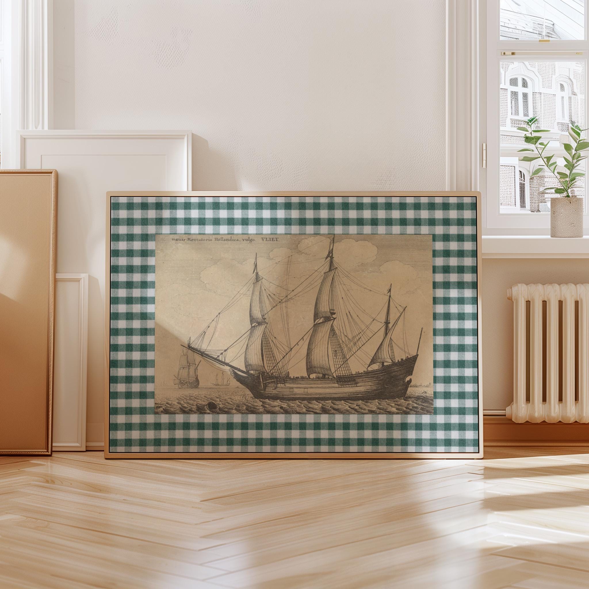 Ship Sketch Digital Download, Vintage Nautical Nursery Decor, Sailing Art Print, Antique Boat Drawing, Sea Wall Art for Kids Room, Gingham
