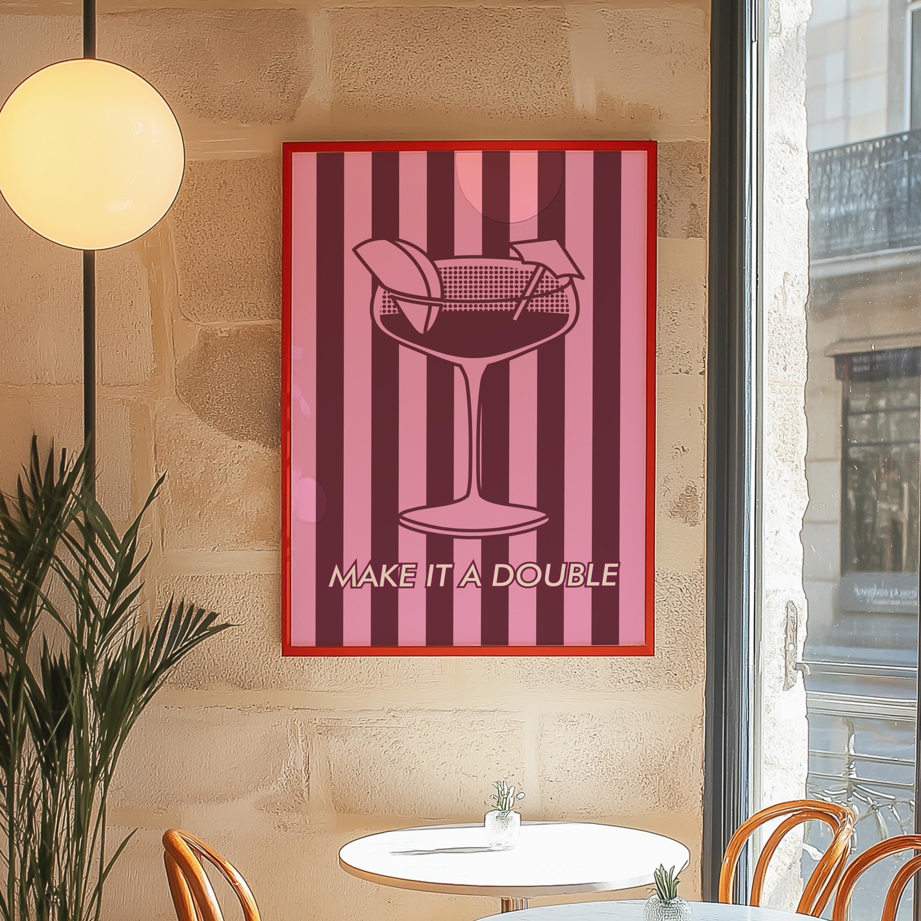 Martini Poster, Minimalist Wall Art, Cocktail Menu, Alcohol Painting, Retro Cocktail Wall Art Vintage Pastel Decor, Striped Pink Art