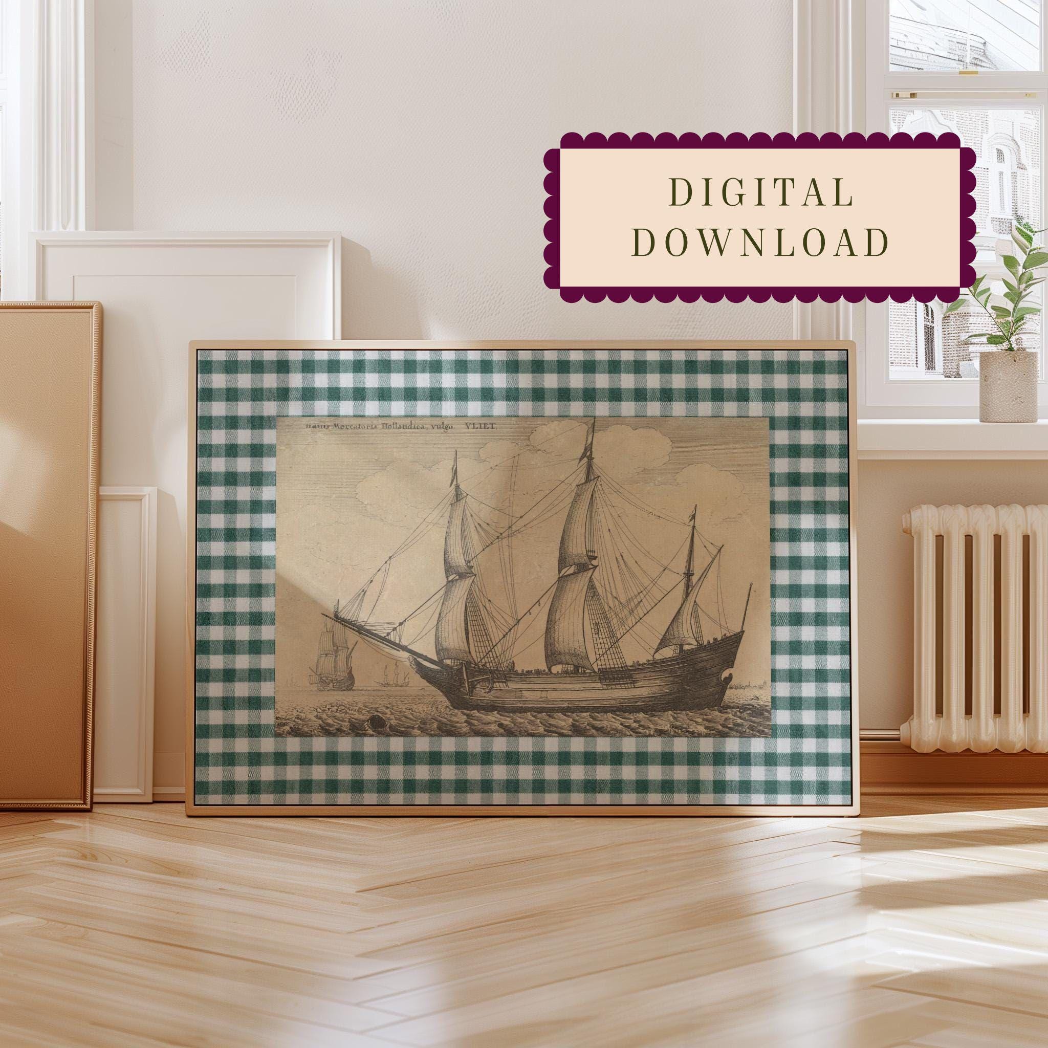 Ship Sketch Digital Download, Vintage Nautical Nursery Decor, Sailing Art Print, Antique Boat Drawing, Sea Wall Art for Kids Room, Gingham